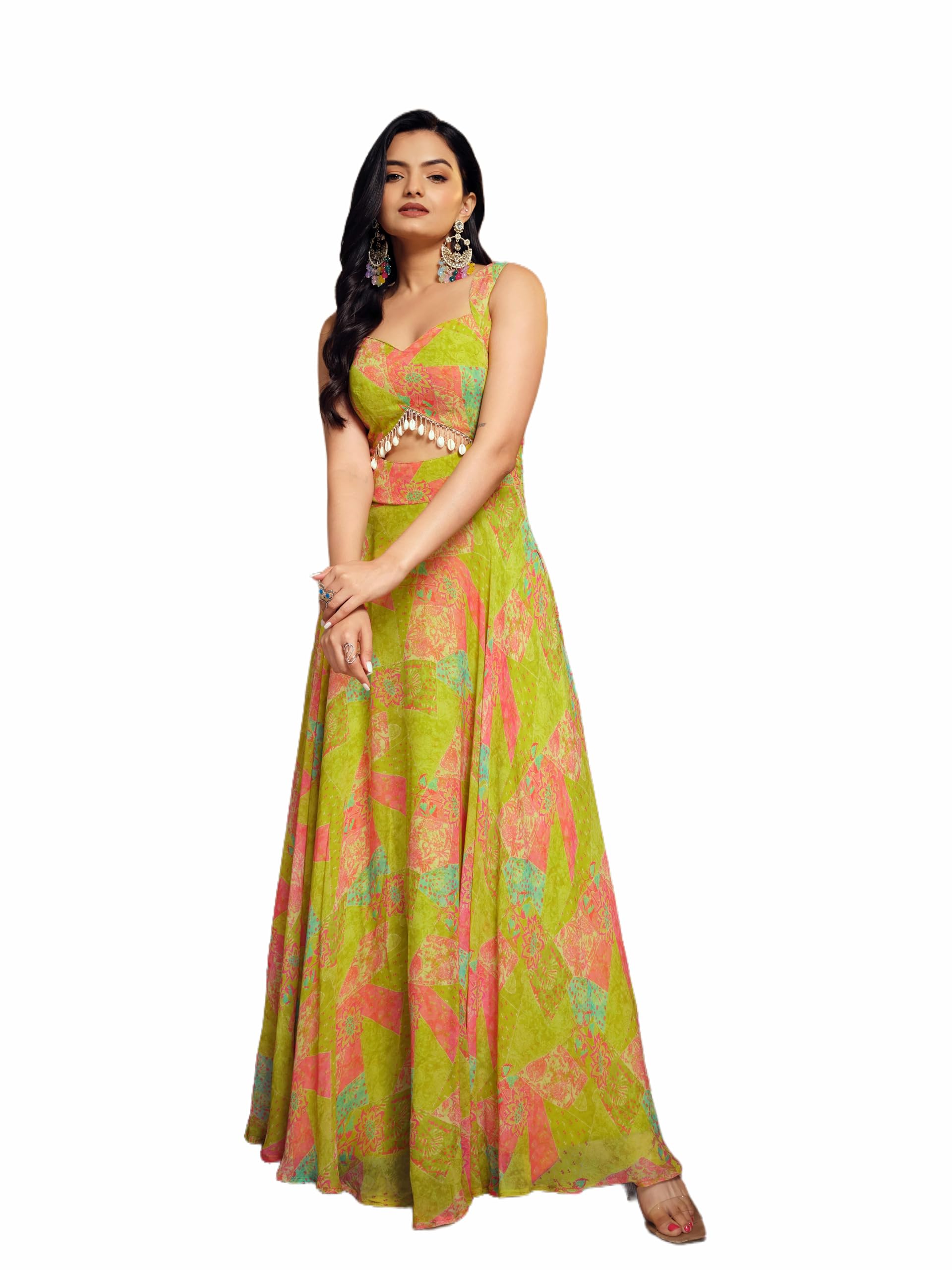 Lime Green Georgette Floral Printed Gown, Sleeveless Cut-Out Maxi Dress with Micro Cotton Inner, Fully Stitched-image-24