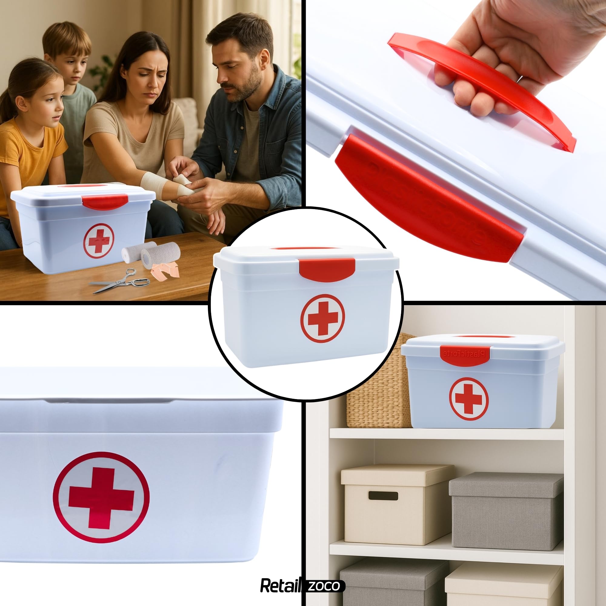 TECHZOCO Caja Medicamentos para Botiquín de Primeros Auxilios y Medicinas, Caja botiquín con tapa y asas, Porta medicinas, Botiquin farmacia, 35.5 cm largo x 21 cm alto x 23 cm fondo, 8 Litros