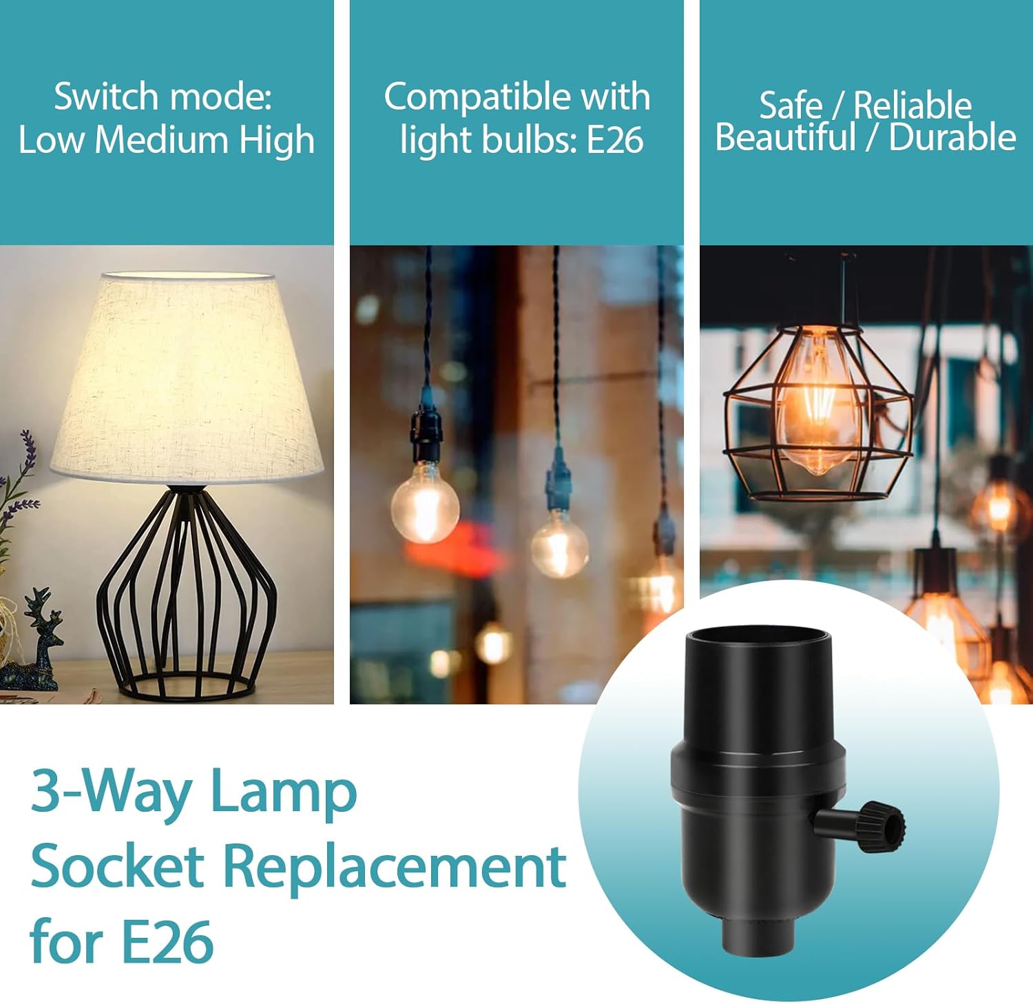 4 Pcs 3 Way Lamp Socket Replacement, UL Listed, E26 Medium Base, Turn Switch Knob for Low-Medium-High Light Settings Light Socket Lamp Parts for Repair Table and Floor Lamps DIY Project, Black