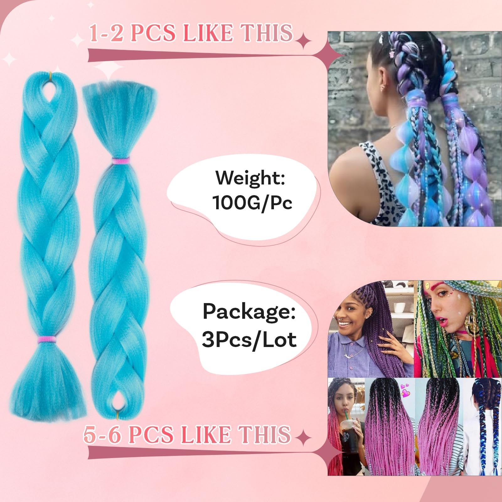 SEGO Pro Braiding Hair Extensions 24 Inch Yaki Synthetic Jumbo Box Braid Hair for Crochet Twist Braids for Women Pack of 3 (Sky Blue) - Image 3
