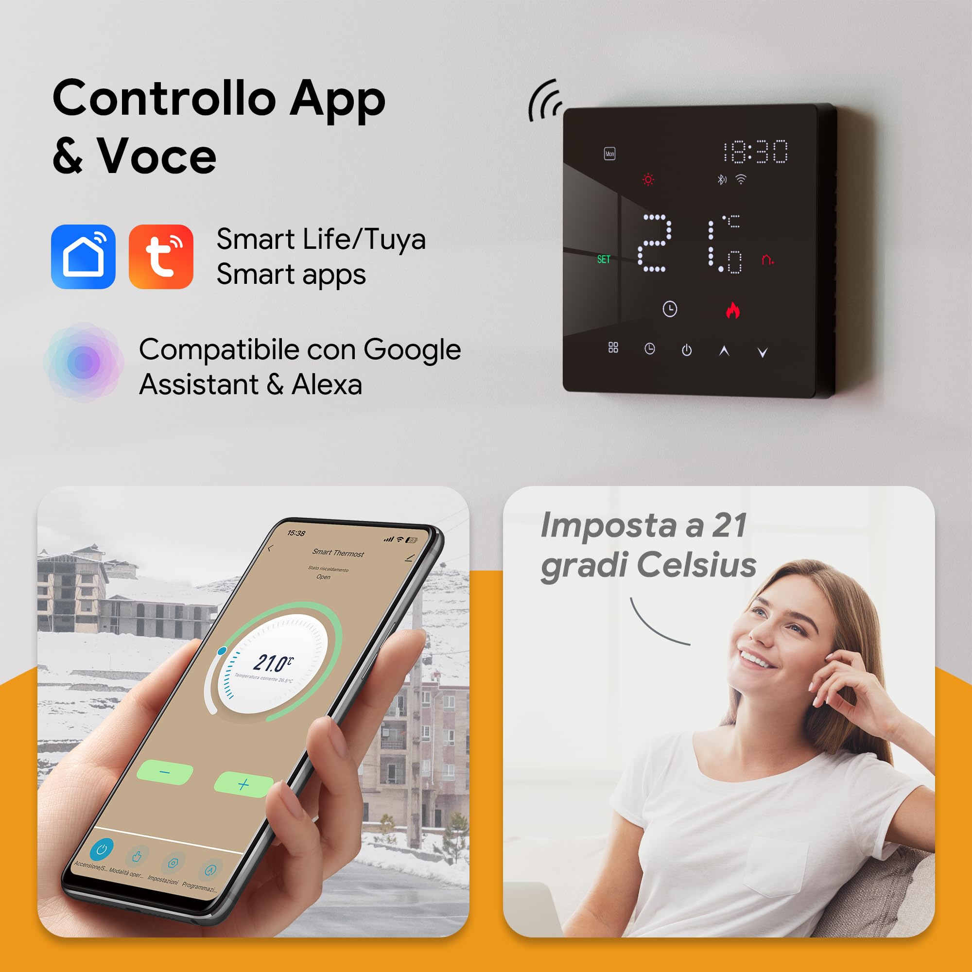 Termostato WiFi Intelligente Per Caldaia - Controllo Vocale Con Alexa/Google, Programmabile, Nero
