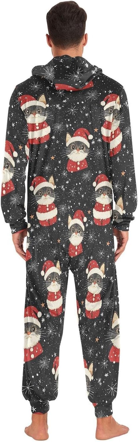 ZZKKO Christmas Cat and Snowflake Adult Onesie Pajamas for Women Men Cozy One Piece Pajamas Costume Zip-Up Hooded S-XL
