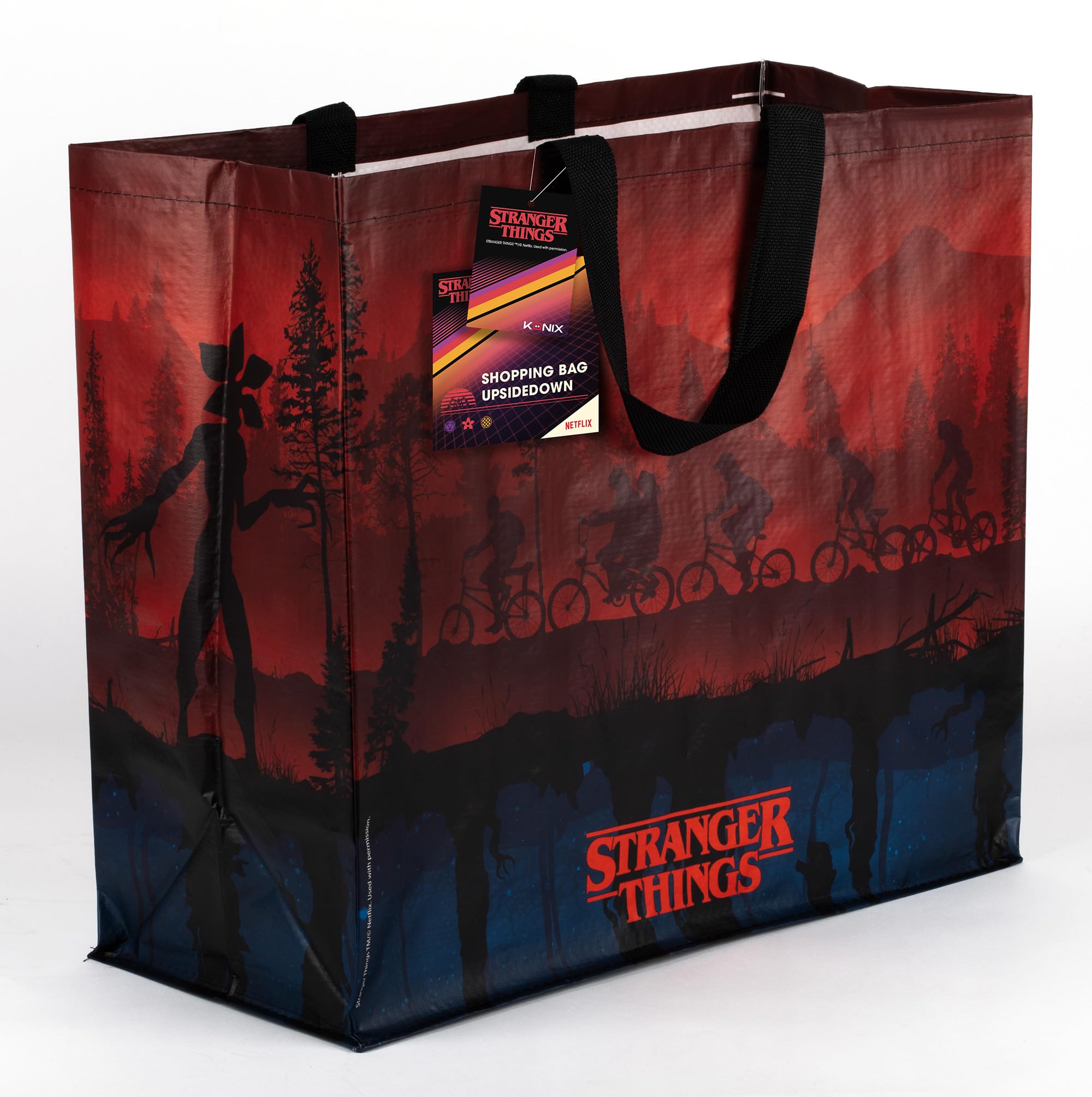 Konix Stranger Things torba na zakupy – rozmiar M 40 x 45 x 20 cm – materiał z recyklingu – motyw Upside Down – czarna, czerwona i niebieska, stranger things