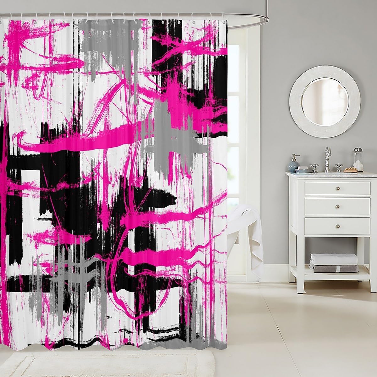 Feelyou Rose Pink Grey Black Shower Curtain 72"x78" Kids Abstract Art Bathroom Shower Curtain Set for Modern Striped Art Bath Curtain Waterproof Geometric Kids Bathroom Accessories