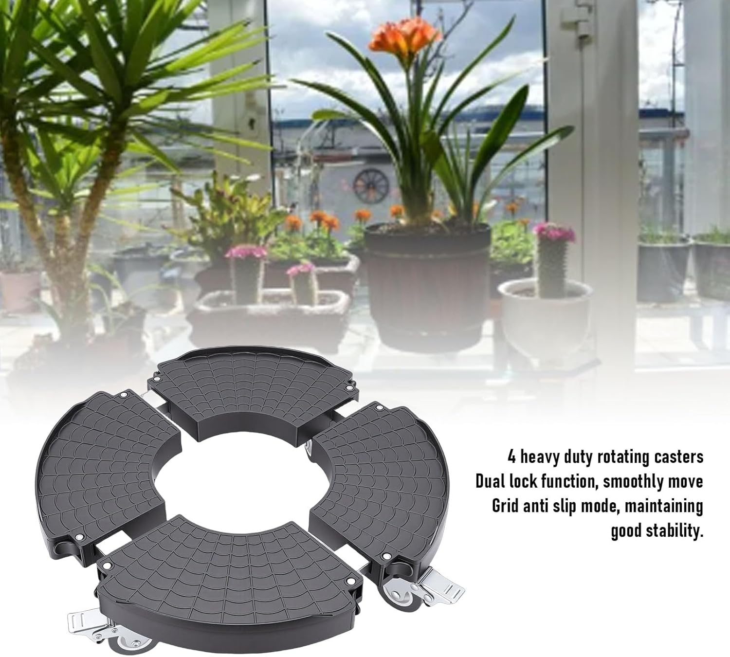 Yosoo Adjustable Rolling Plant Stand with Lockable Wheels, 440lbs Capacity for Indoor Outdoor Flower Pot Round Plant Dolly with Dual Lock Function (Black Round 4 Wheels Brake Model)