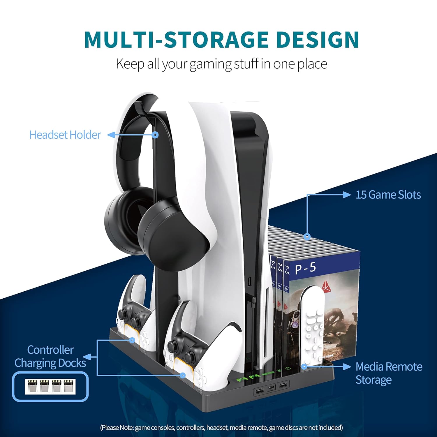 HAPROUND PS5 Vertical Stand with Cooling Fan and Dual Controller Charger - Indicator Lamps and 15 Game Slots, Fast Cooling through Metal Base, PS5 Console Compatible : Video Games