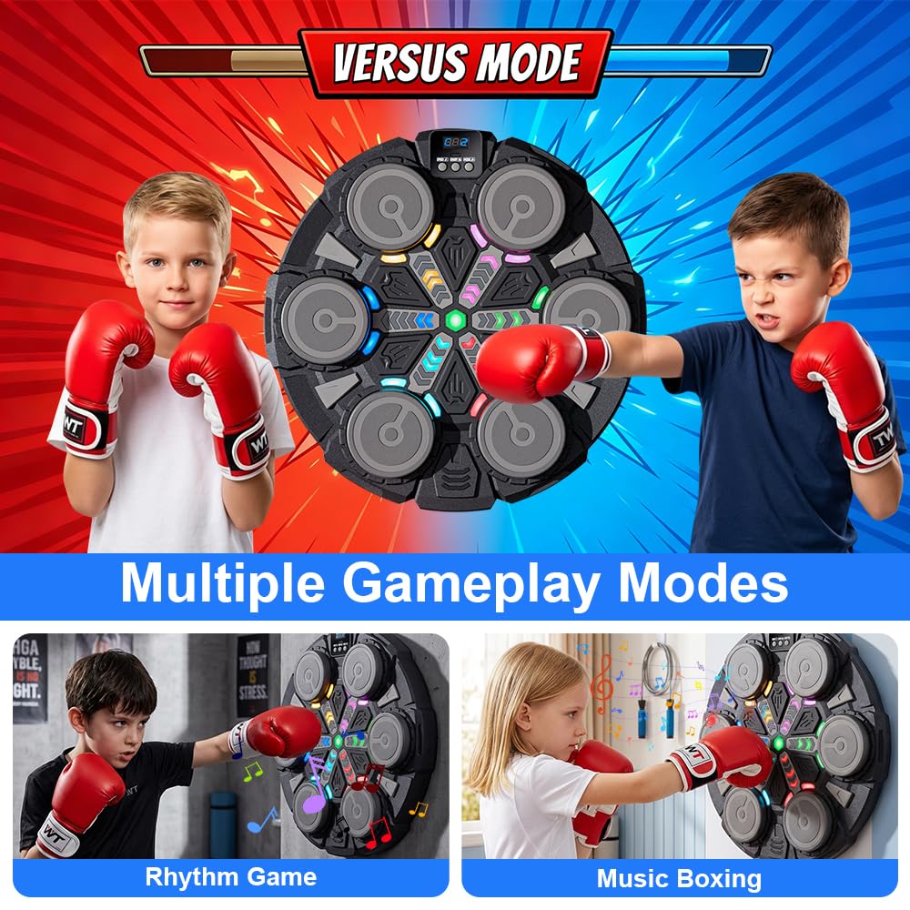 Music Boxing Machine, Musik Box Maschine für Erwachsene Kinder, LED Elektronische Boxmaschine mit Musik und Farblichter, Boxstation Boxmaschine mit 2 Paar Boxhandschuhen