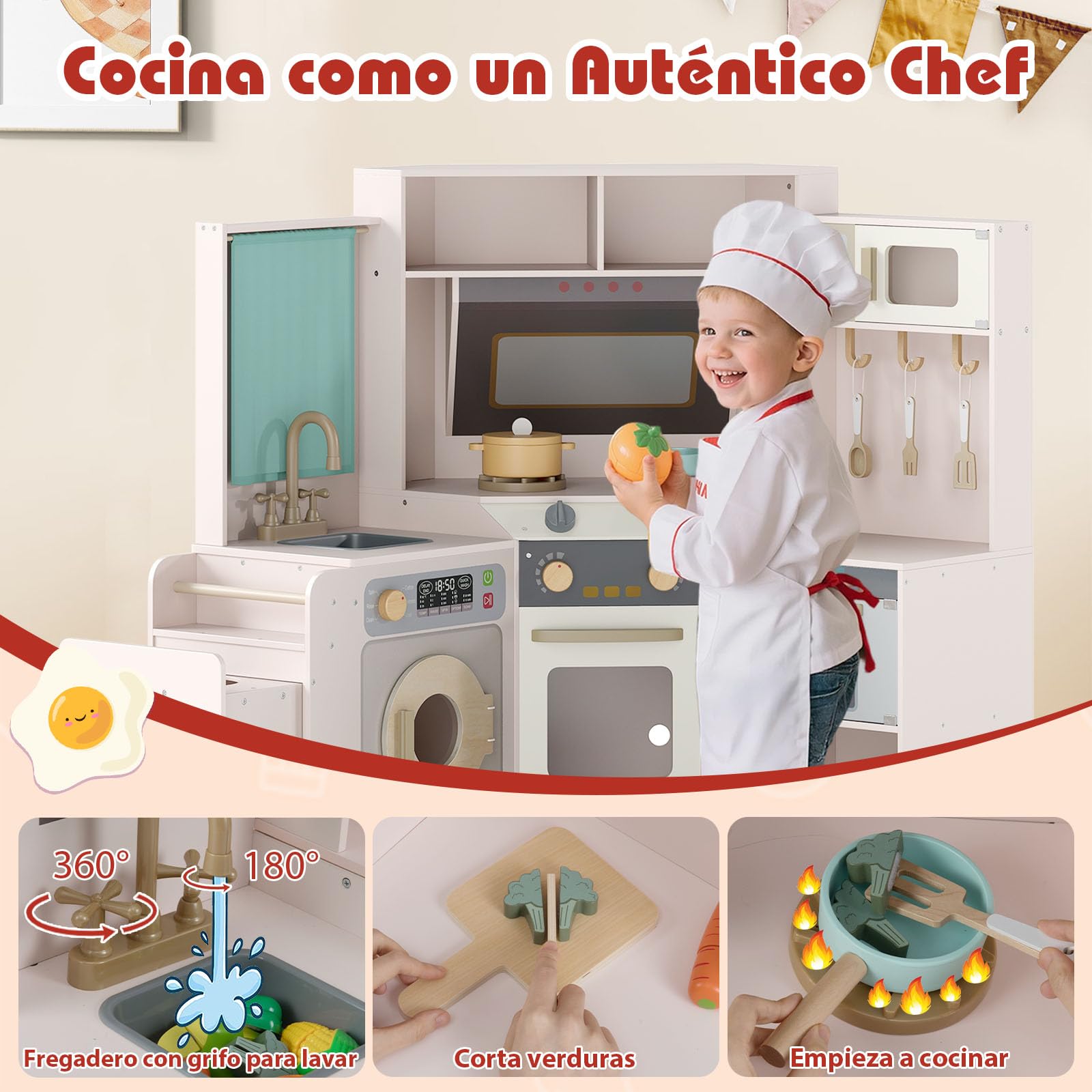 GOPLUS Cocina de Juguete de Esquina, Cocinita Infantil de Madera con Cubo de Basura Extraíble, Fregadero, Fogones, Microondas, Horno, Lavadora, Luces y Sonidos para Niños de 3+ Años (Rosa)