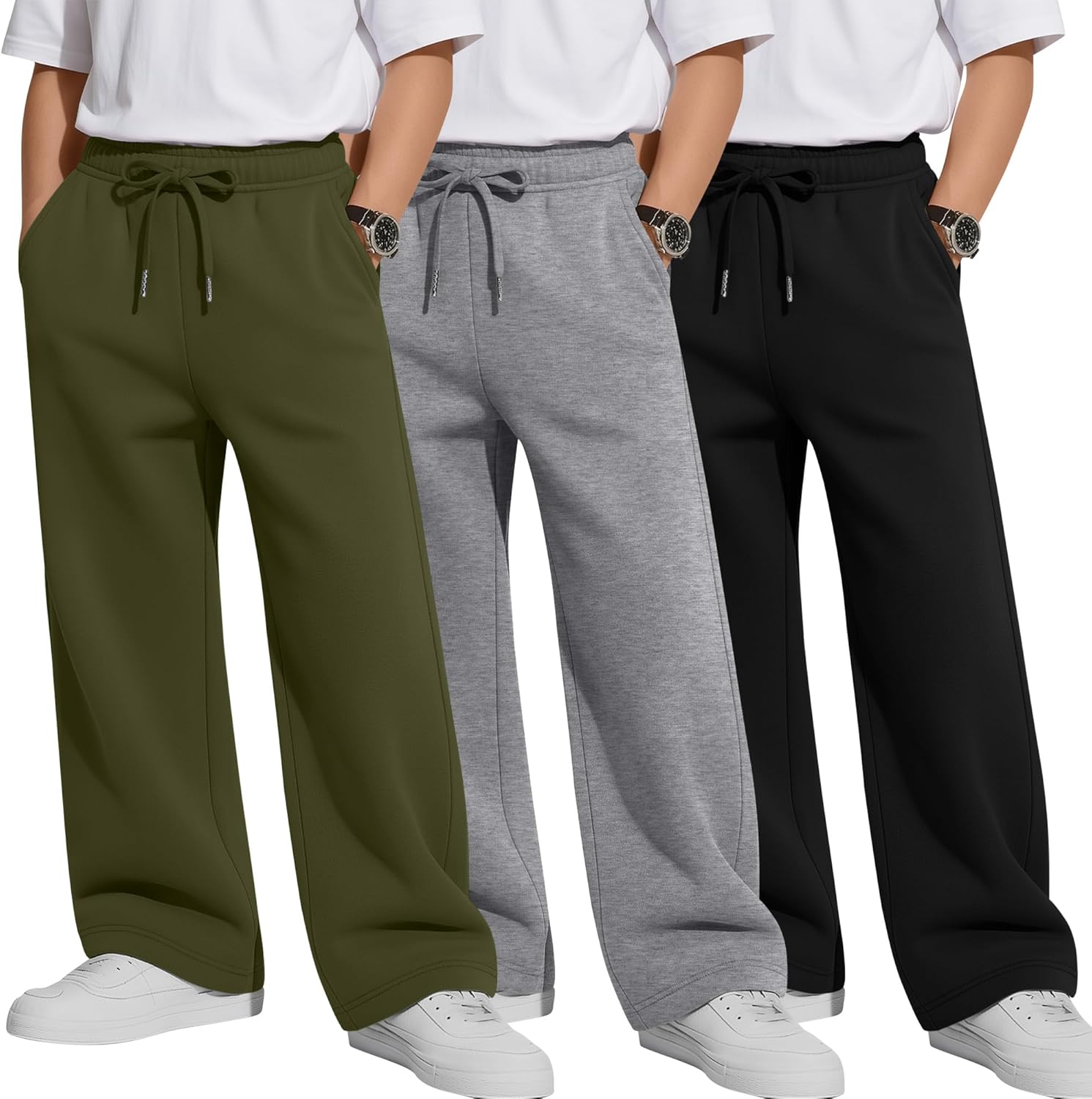 Oakgarden 3 Pack Boys’ Wide Leg Sweatpants Drawstring Elastic Waist Baggy Pants Casual Athletic Joggers with Pockets