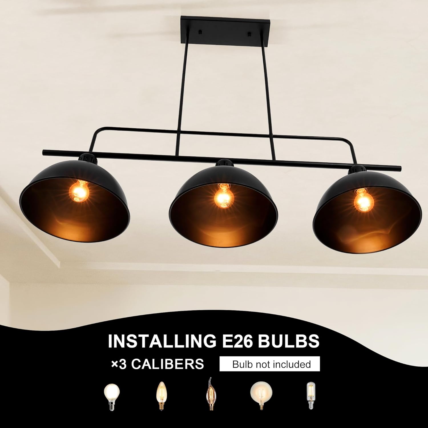 3-Light Billiard Pool Table Lights Hanging Over Pool Table, Black Matte Metal Shades, for Billiards Room, Bar, Cafe, Kitchen Island Lighting, E26 Base