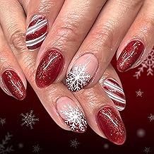 24 Short Christmas Pressed Nails, Shiny Oval Nails, False Nails for Gluing, with Red French Tip and Small Snowflakes Stripes