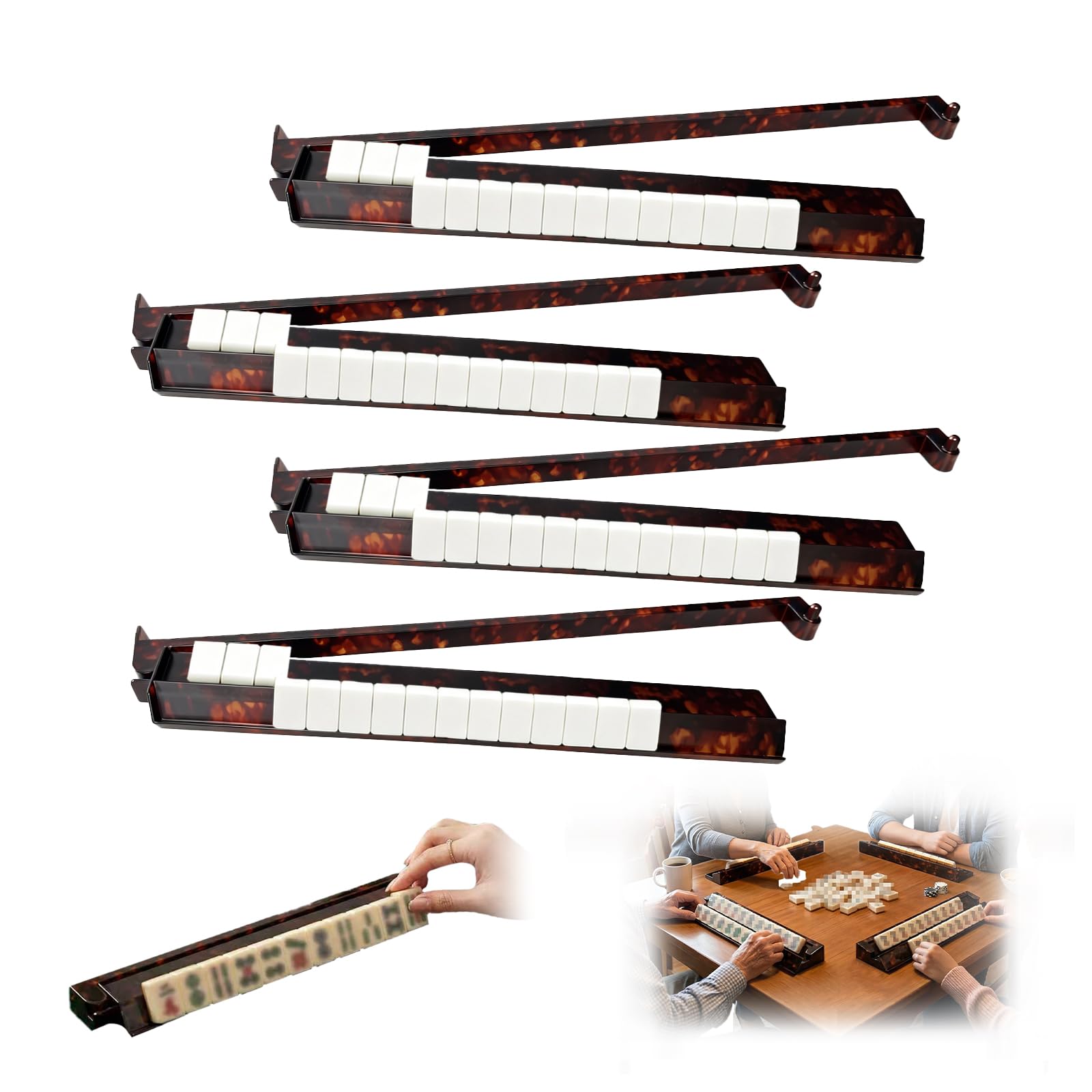 Photo 1 of Tortoise Shell Mahjong Racks with Pushers, 17.5 Inch Extended Acrylic Majiang Tile Holder Set of 4, Non-Slip American Style Tabletop Accessories for Daily Tile Building