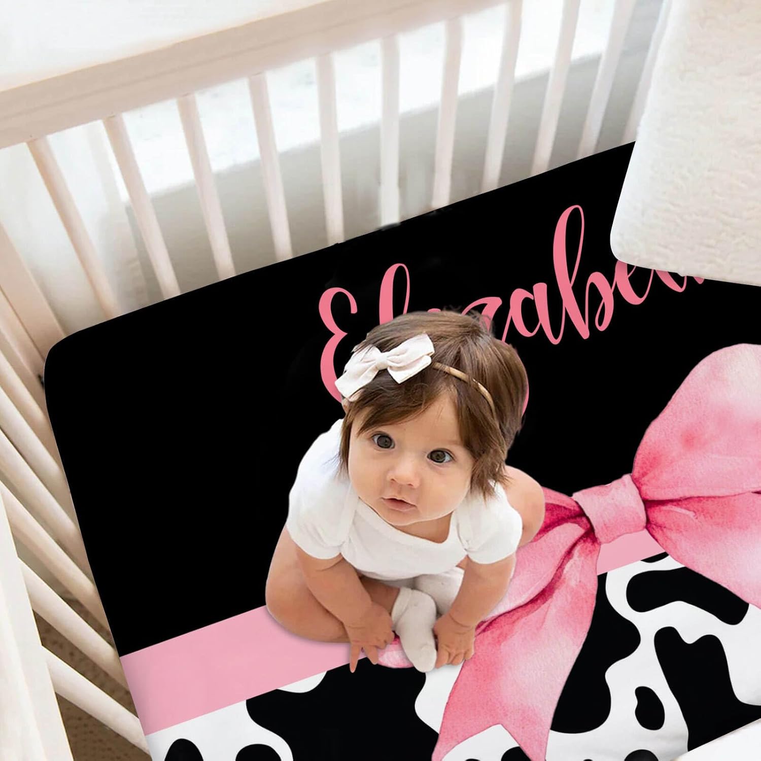 Personalized Baby Crib Bedding Sets for Girls – Custom Name 3 Pcs Pink Bow with Cow Print Nursery Set with Soft Blanket, Fitted Sheet & Pillowcase for Newborn or Infant Gift