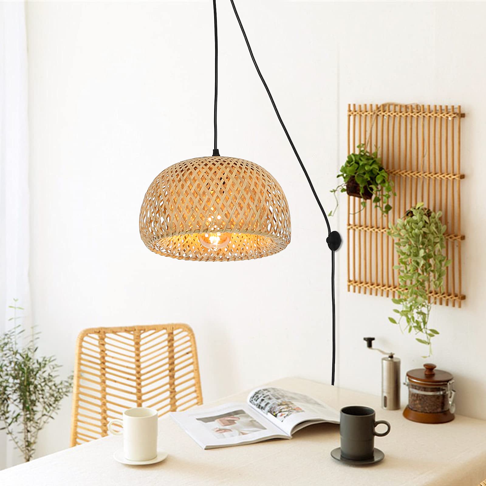 Lampada A Sospensione In Bambù E Rattan Intrecciato - Lampadario Boho Per Cucina, Soggiorno E Camera Da Letto (100cm)