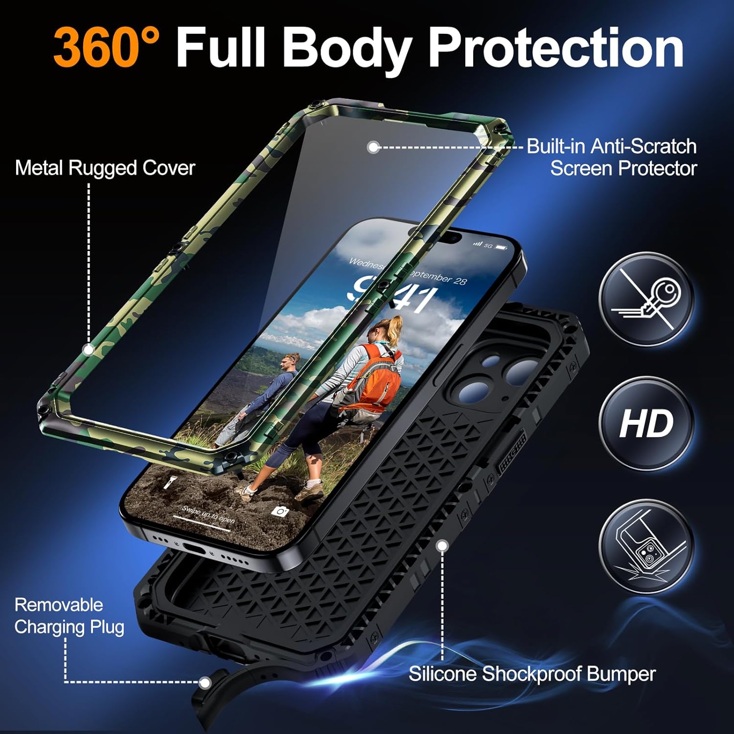 Mitywah Waterproof Case for iPhone 15, Heavy Duty Shockproof Case with Built-in Screen Protector, Full Body Underwater Protective Metal Case 6.1 inch, Camouflage