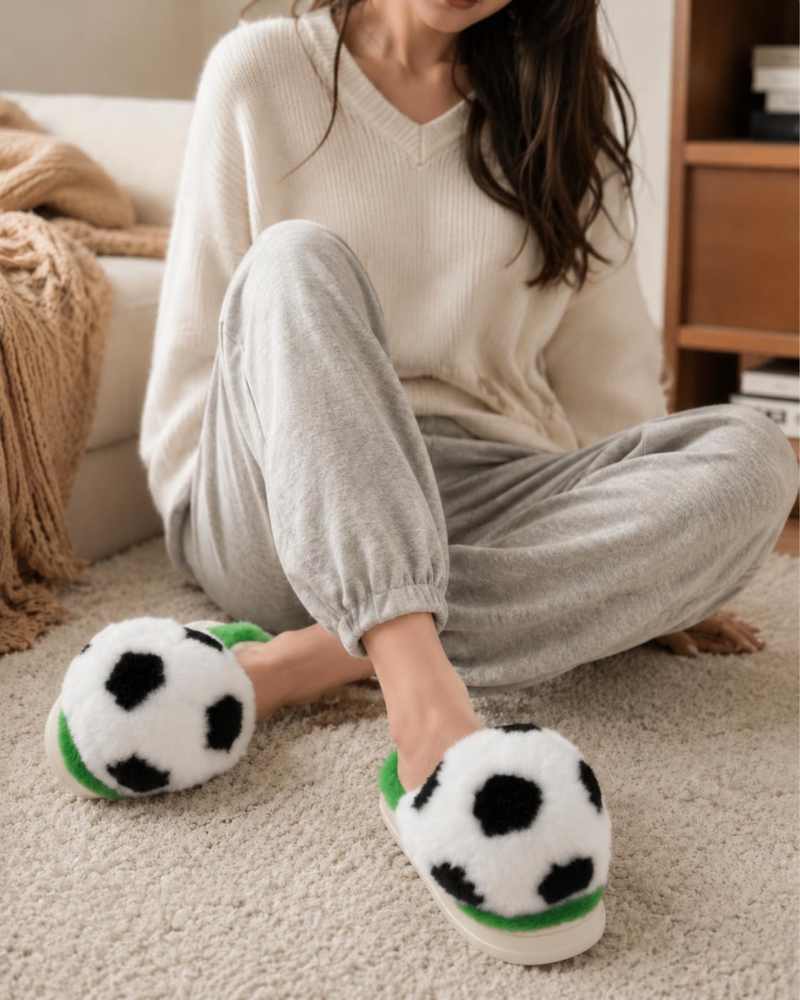 ooohyeah Women's Novelty Soccer Ball Fuzzy Slippers with Non-Slip Sole, Funny Cozy Indoor Outdoor Slides Shoes for Soccer Fans