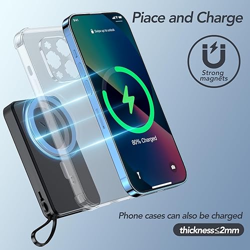 Miniatura 6 de HUOTO Cargador de energía magnético, cargador portátil inalámbrico de 10000 mAh, cables USB C, carga rápida para teléfonos, batería de carga rápida