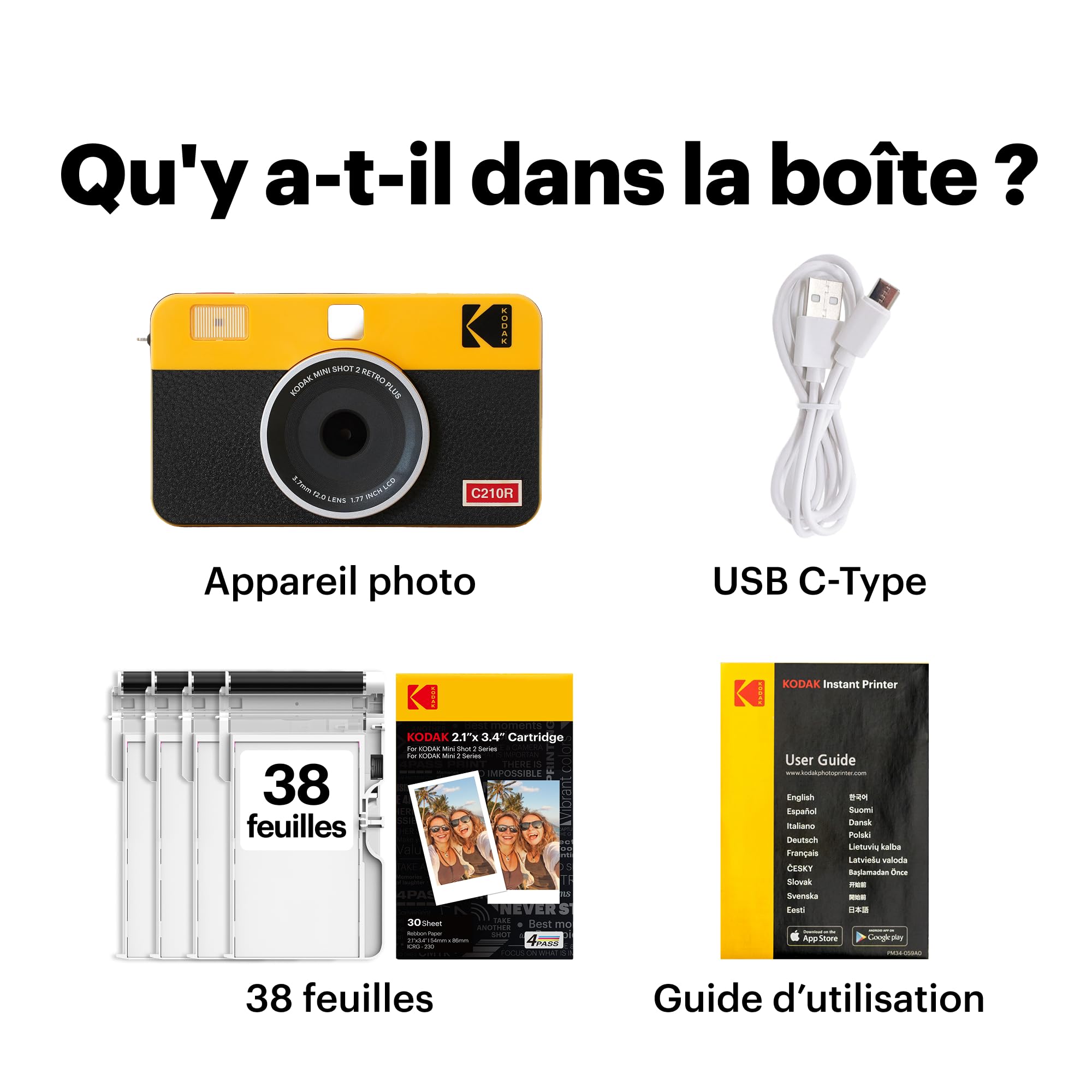 KODAK Mini Shot 2 Retro Appareil Photo Instantané Numérique 2-en-1 5,3 x 8,6 cm 38 Feuilles Imprimante Bluetooth iOS Android 4PASS Blanc