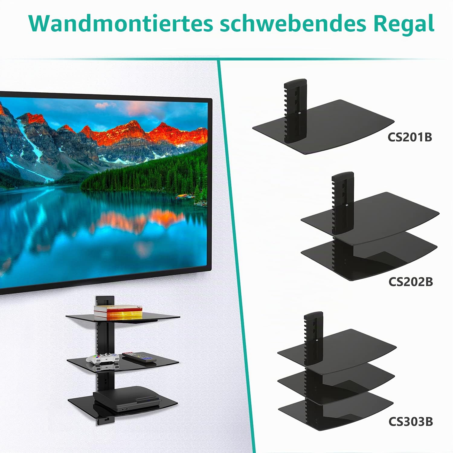 WALI Schwebendes Wandregal mit verstärkten gehärteten Brillen für DVD-Player, Kabelboxen, Spielekonsolen, TV-Zubehör (CS303), 3 Ablagen, Schwarz