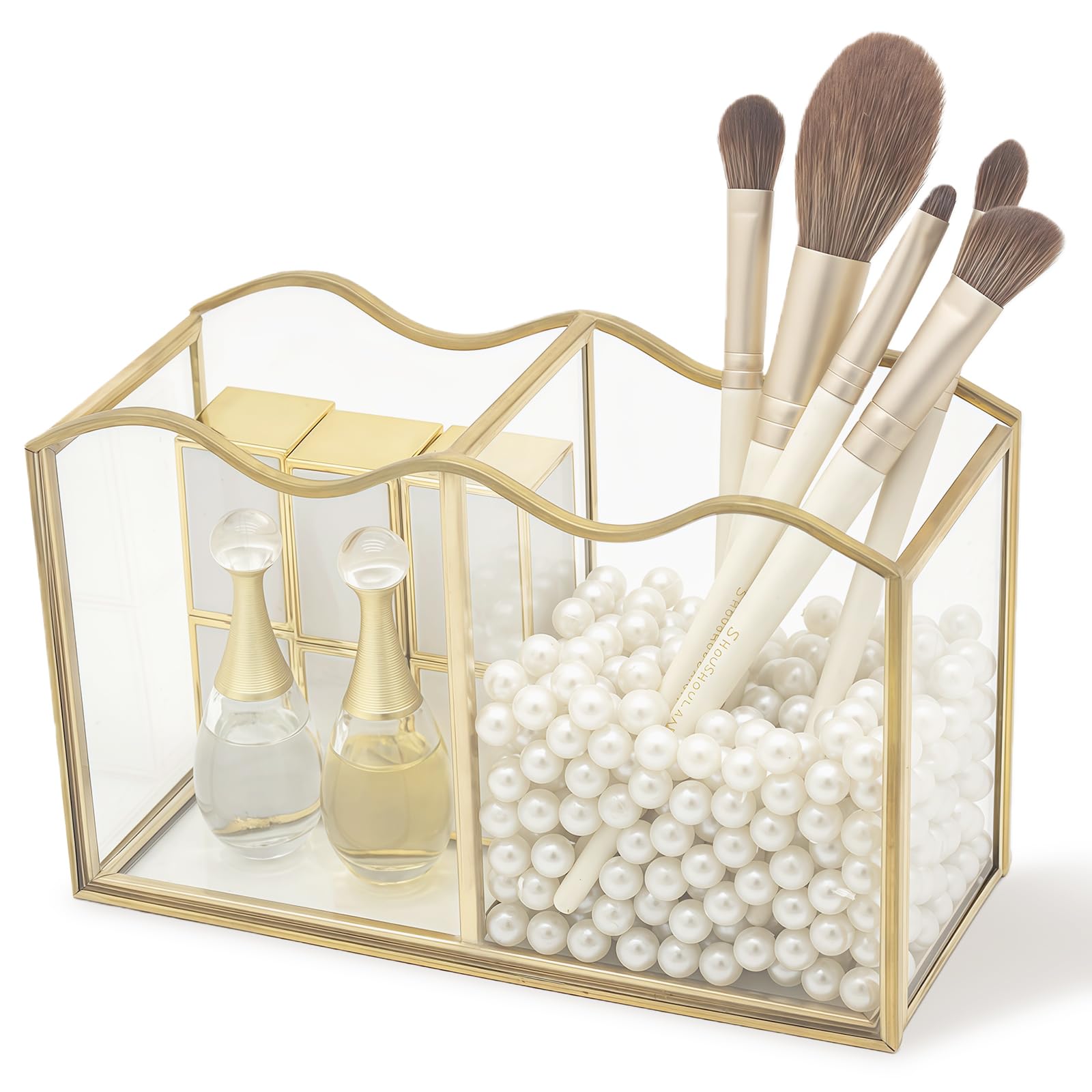 Organisateur de pinceaux de maquillage en verre à 2 compartiments pour coiffeuse