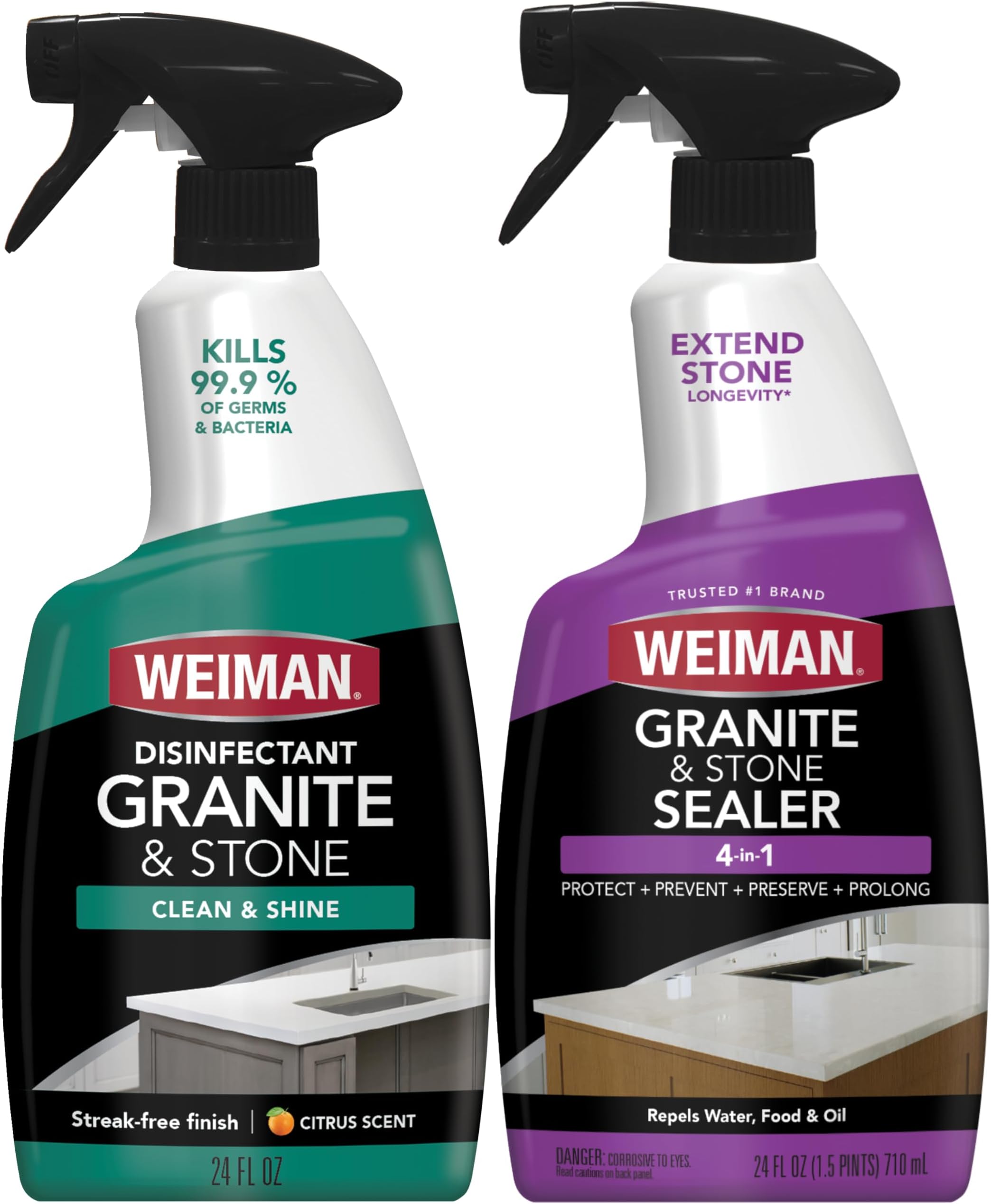 Weiman Disinfecting Granite & Stone Daily Cleaner and Sealer Kit - For Granite, Marble, Quartz, Quartzite, Slate - 24 oz Daily Kitchen Countertop Cleaner, 24 oz Granite & Stone Sealer