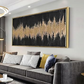 27"x56" Framed Black and Gold Abstract Sound Wave Textured Wall Art, Minimalist Pictures Canvas Wall Deco for Living Room Bedroom Office Gallery
