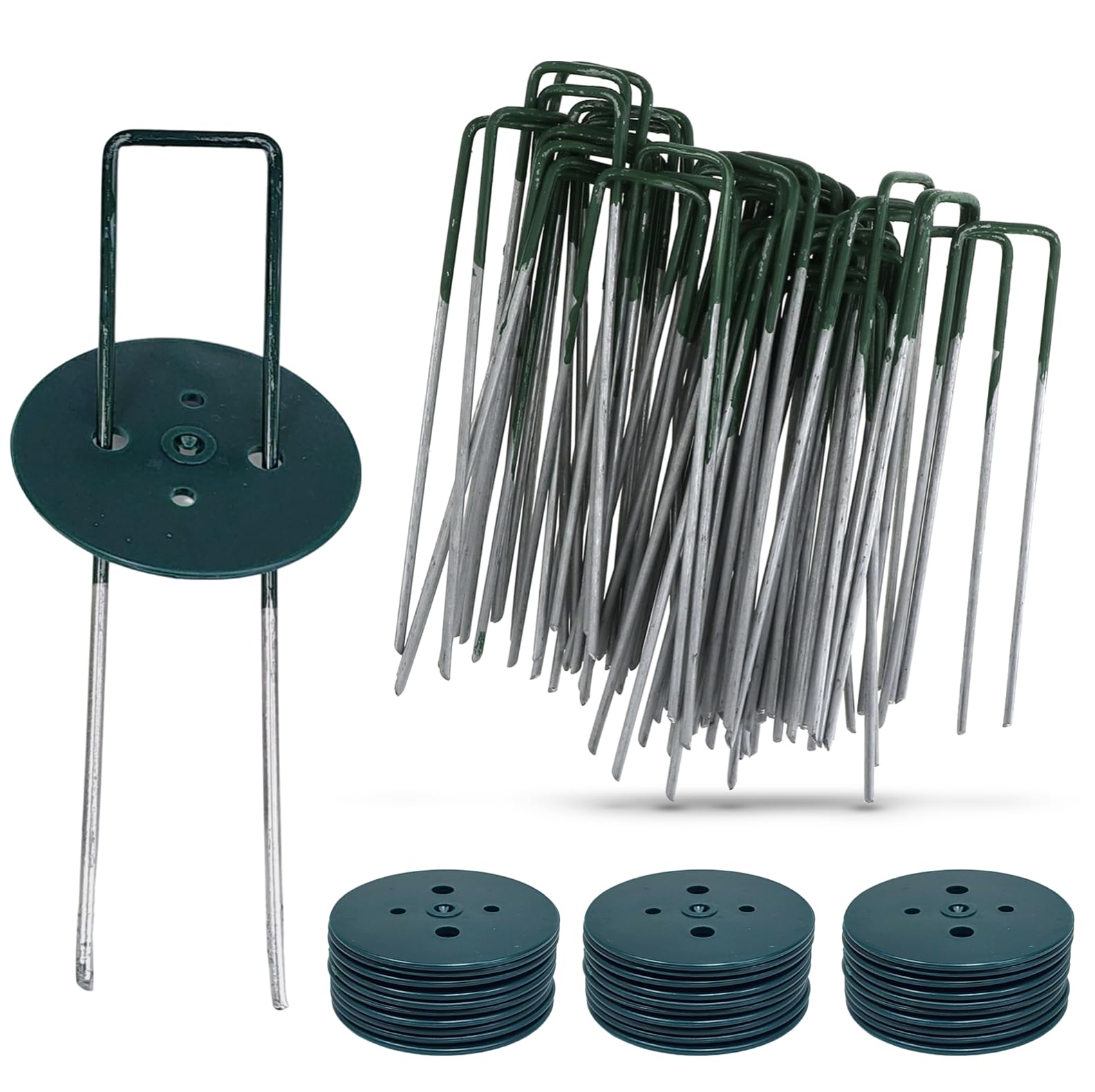 Paquete de 50 grapas de paisaje de 6 pulgadas con tapas de arandela de juntas, estacas de metal para jardín, paisajismo, valla de césped, patio, césped, tierra (50, medio verde)