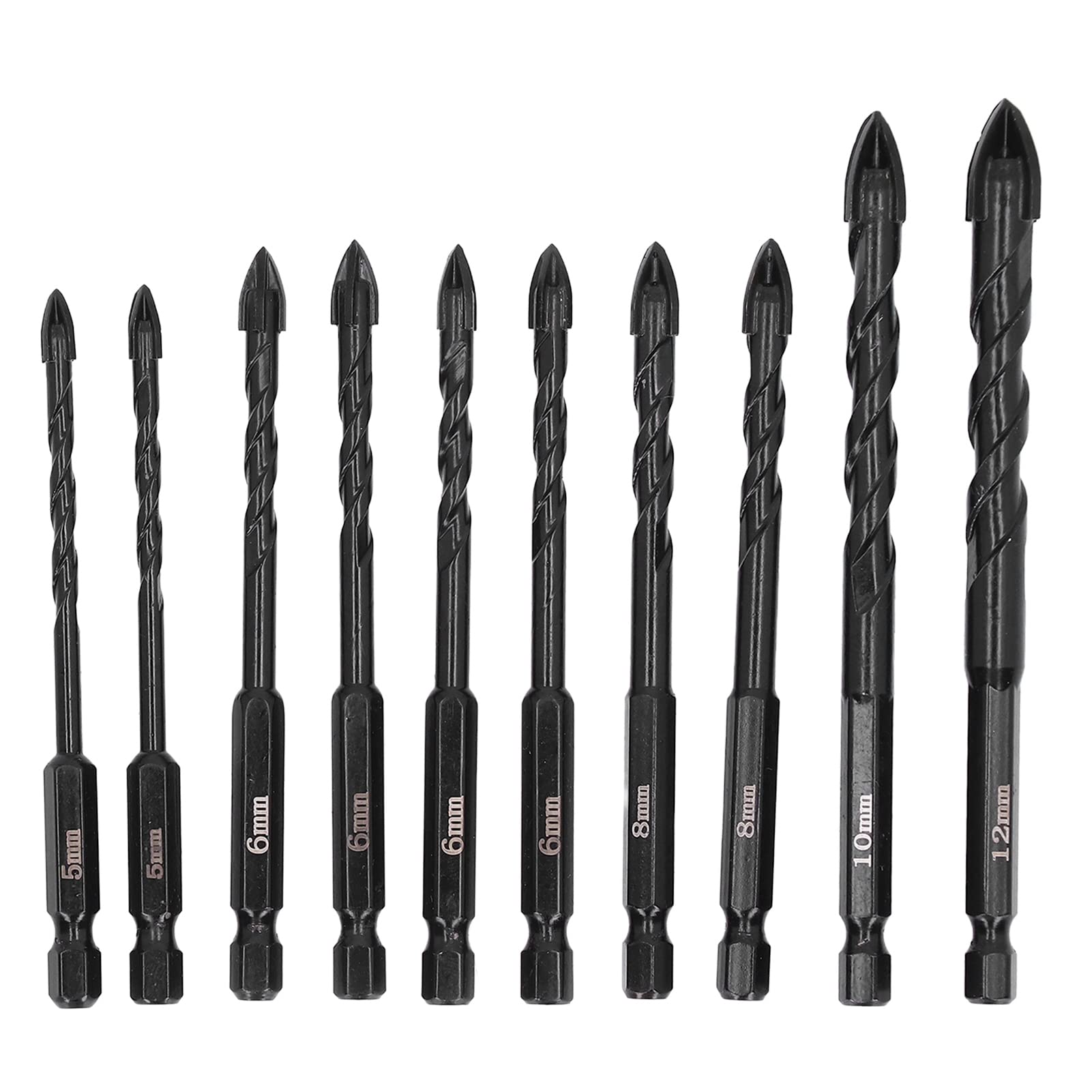 Respicefinem 10PCS Cross Screw Drill Bit Set with 3 Flute Cemented Carbide Masonry Twist Bits and Hex Shank Suitable for Multiple Materials Including Glass Ceramics Tiles and More