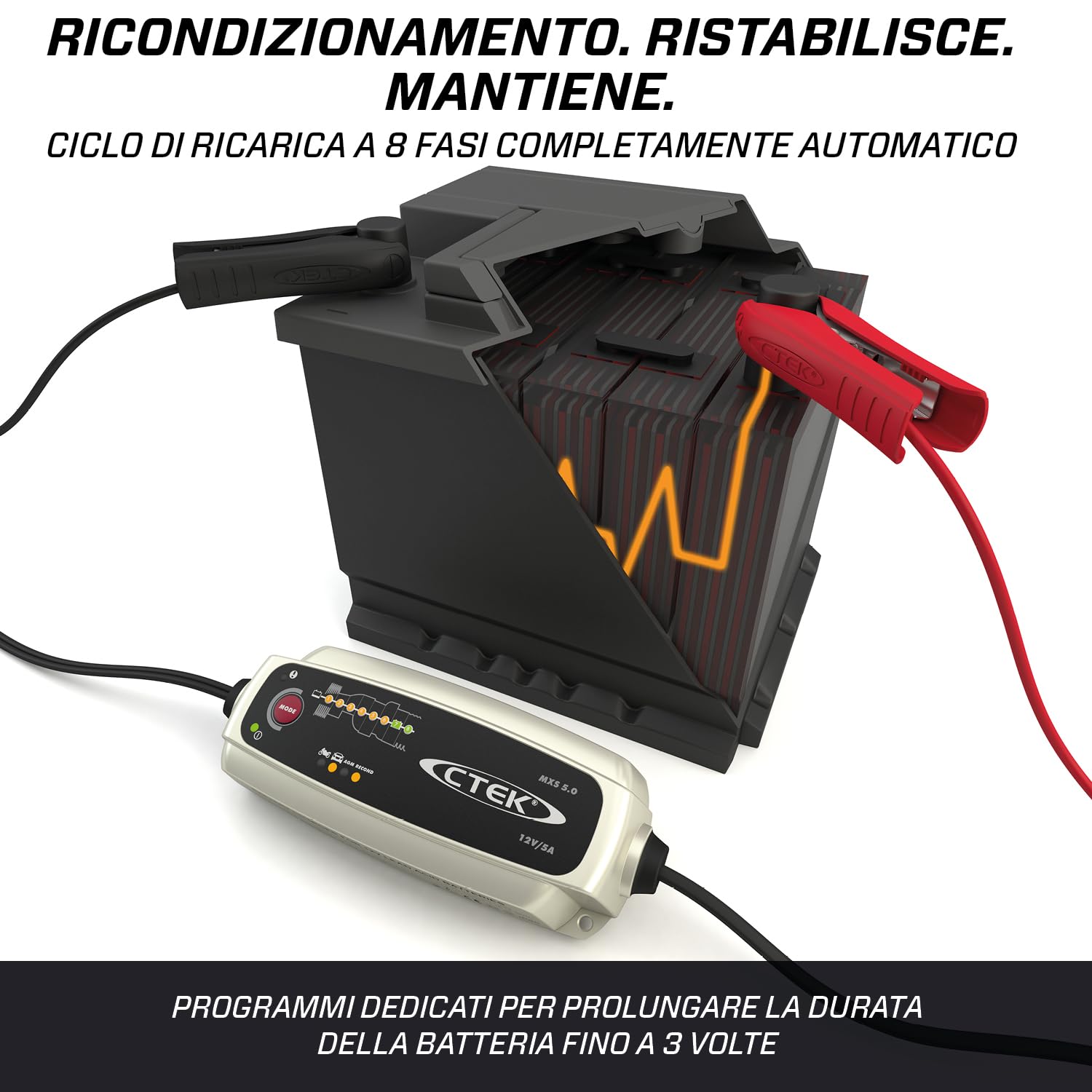 CTEK MXS 5.0, Caricabatterie 12V 5A, con Compensazione della Temperatura Integrata, Caricabatterie Auto e Moto, Caricabatterie Intelligente, Manutentore della Batteria con Modalità Ricondizionamento