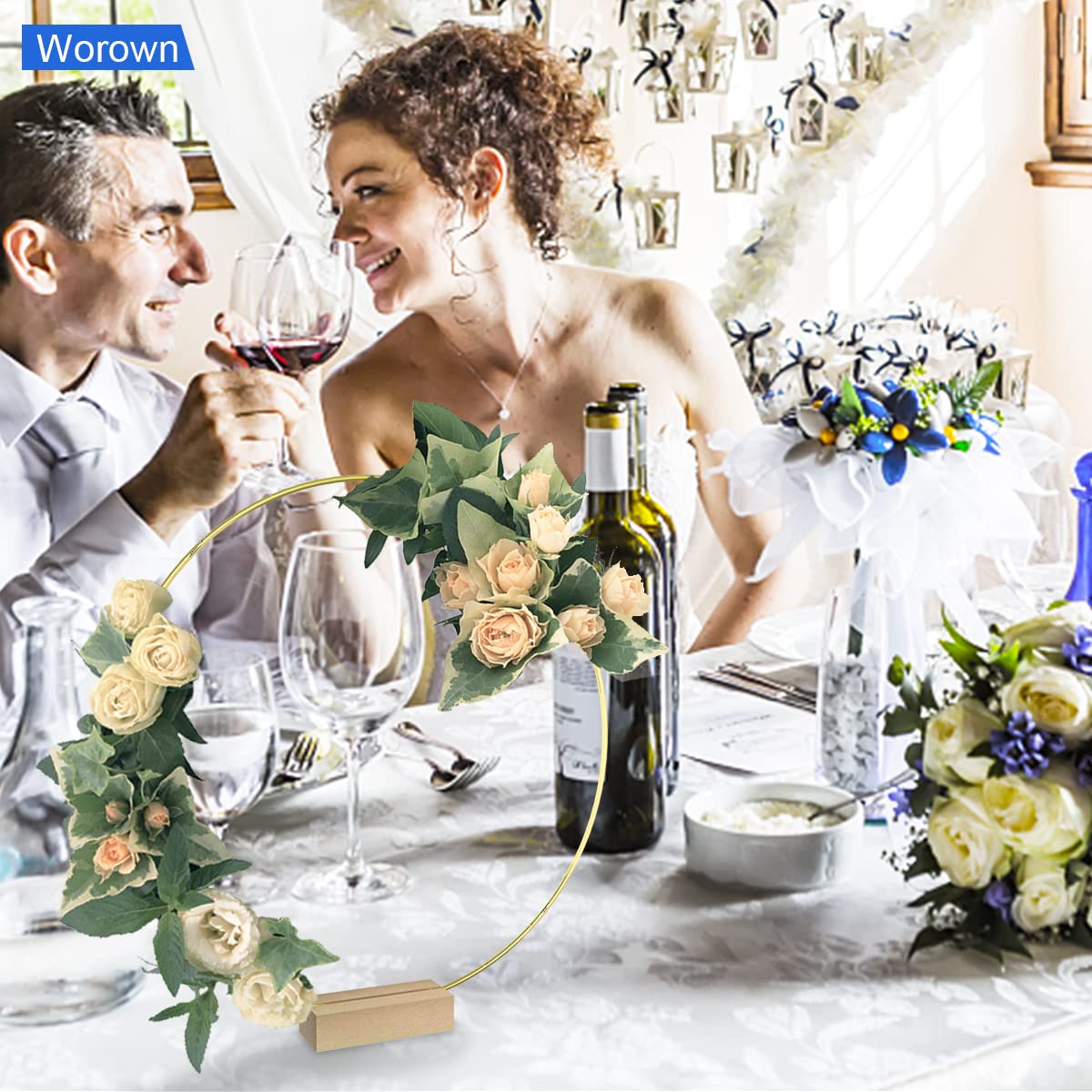 Worown Lot de 6 centres de table en métal de 20 cm avec support en bois pour table, anneaux de couronne dorés pour faire des décorations de couronne de table de mariage
