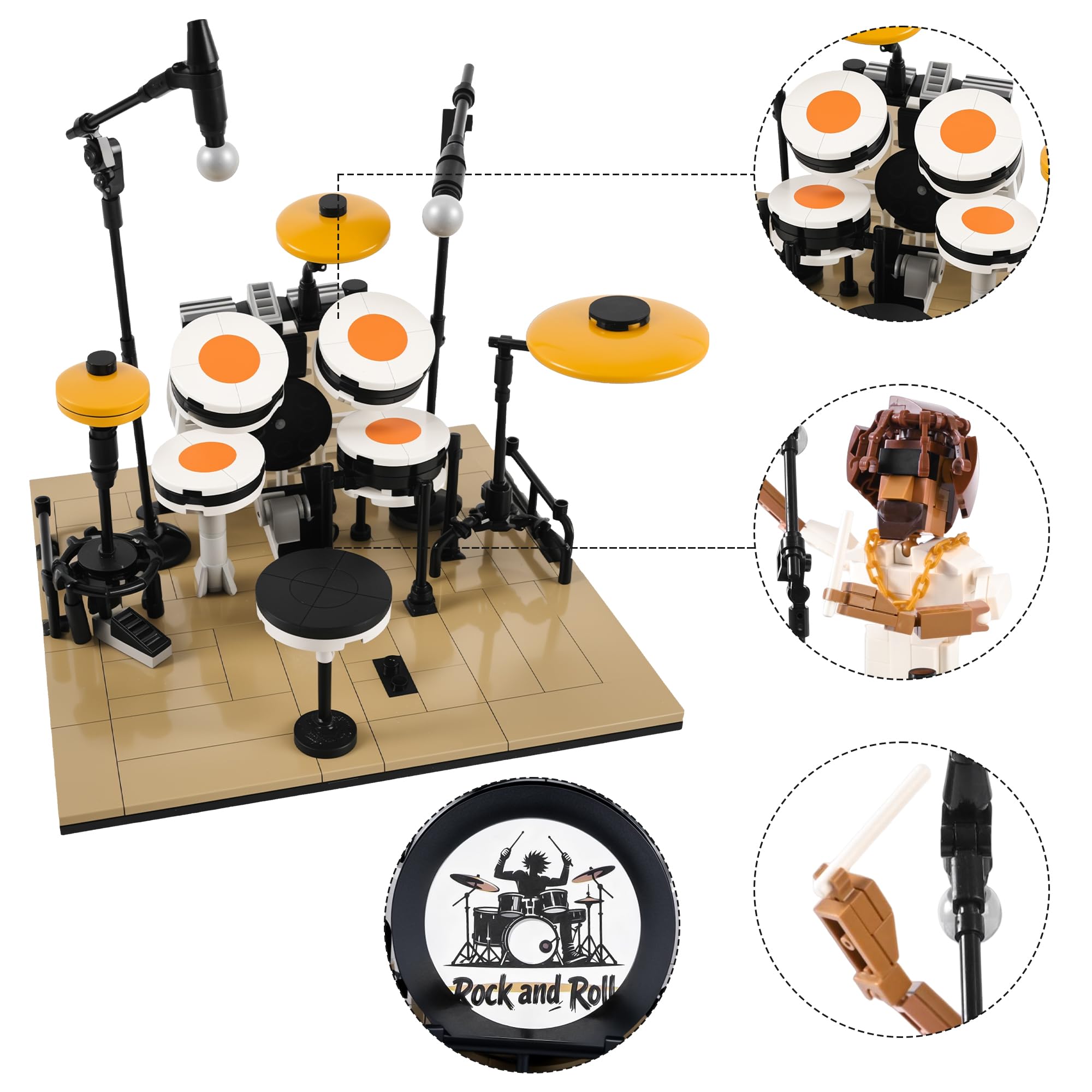 Dynamic Drummer Building Kit - Escenario de concierto de rock de 428 piezas con figura articulable y juego de batería ajustable, modelo coleccionable para adultos para amantes de la música