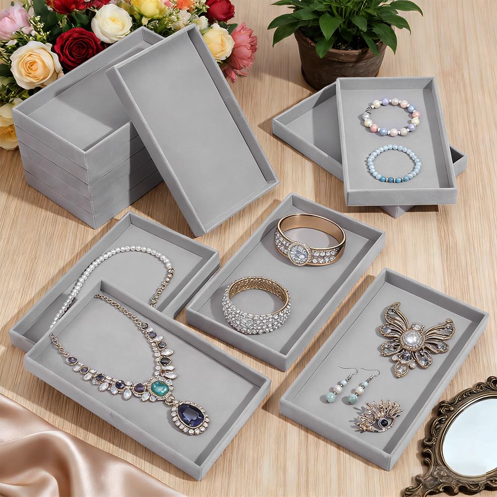 20 bandeja de joyería de terciopelo pequeña bandeja de almacenamiento decorativa de oficina para joyas (21 x 12,5 x 2,3 cm) pendientes y anillos, collares y pulseras. Gris (1 rejilla)