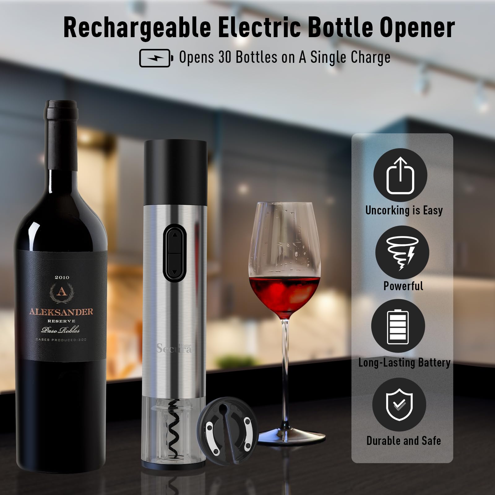 Secura Home Abridor eléctrico de botellas de vino y abridor de cerveza 2 en 1, sacacorchos automático recargable con cortador de aluminio, abridor de vino eléctrico con un solo clic para el hogar