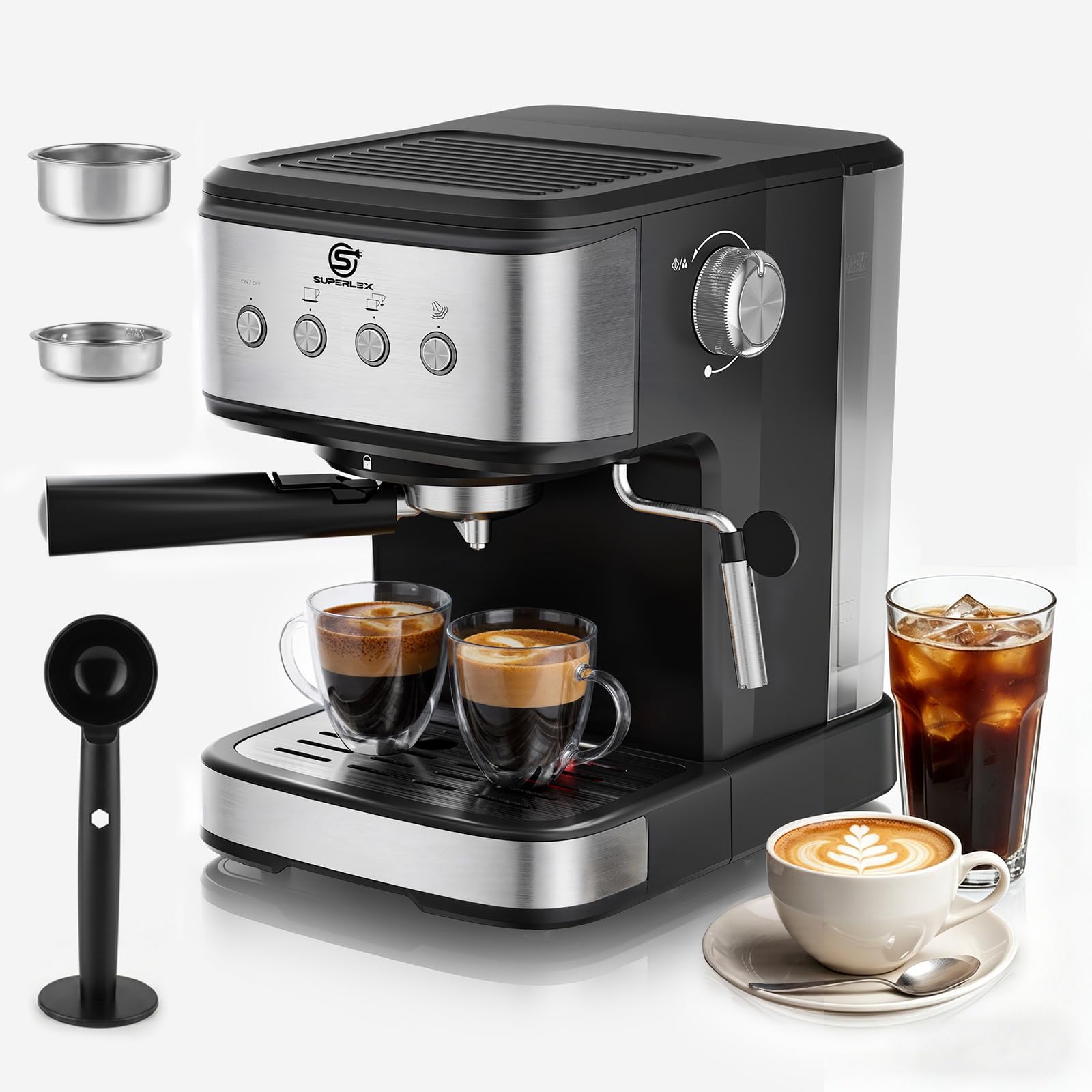Porte-filtre pour machine à expresso, en acier inoxydable, 15 bars, pression 1100 W, pour machine à café expresso, cappuccino, latte, réservoir d'eau de 1,5 l, machine à café compacte