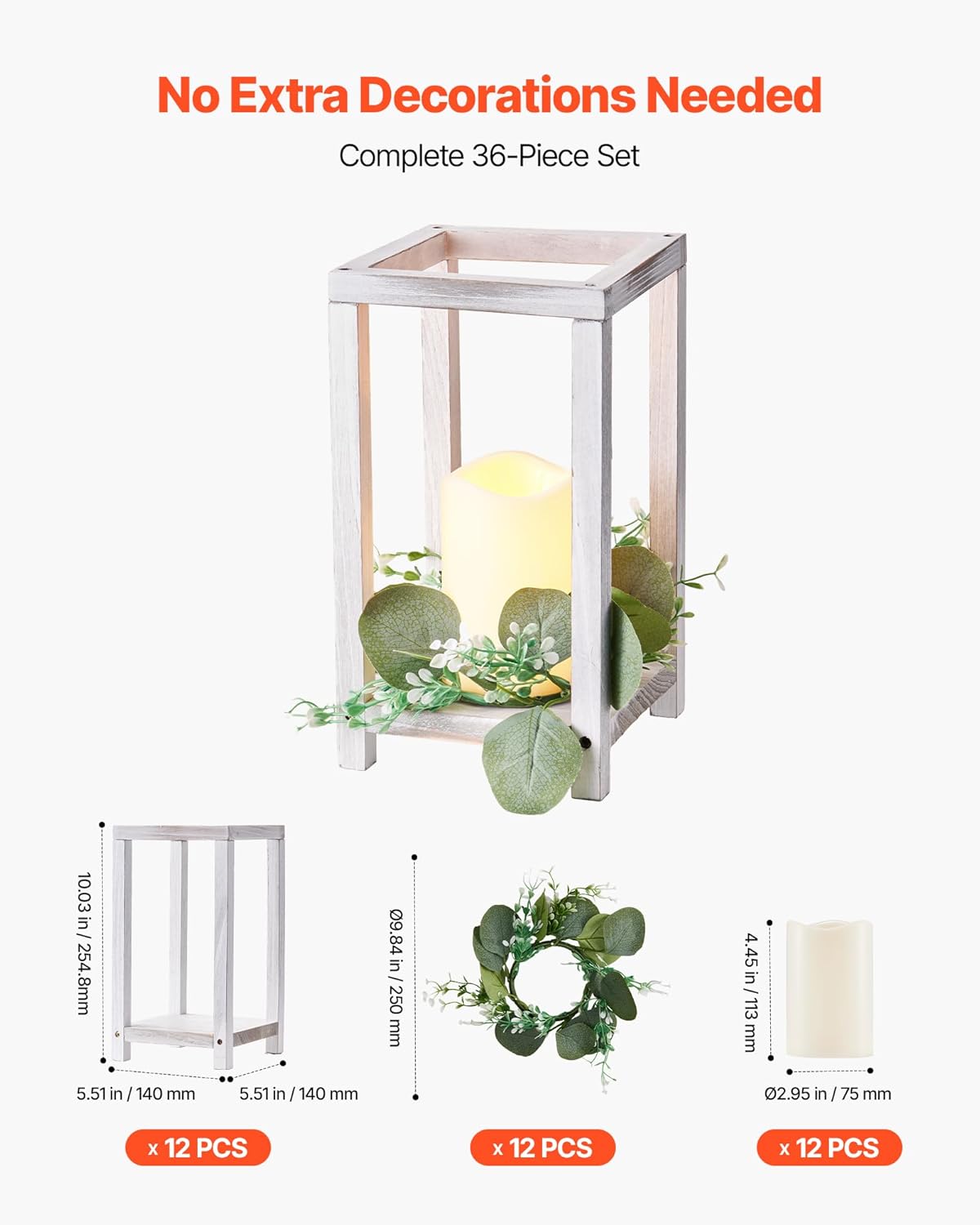 VEVOR 12 Set/36 Pcs Wooden Wedding Lantern Centerpiece, Includes 12 Wooden Lantern Candle Holder 12 Flameless LED Candle 12 Eucalyptus Leaves Wreath for Wedding Table Party Farmhouse Decor, White