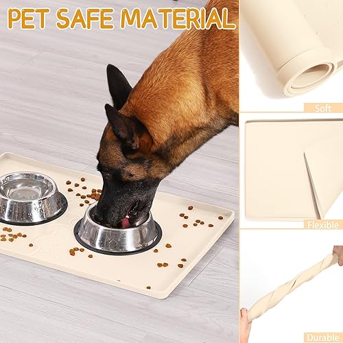 Miniatura 6 de MateeyLife Silicone Cat & Dog Food Mat for Floors Waterproof, Anti-Slip Dog Bowl Mats for Food and Water, Pet Feeding Mats with Lip to Prevent Beige