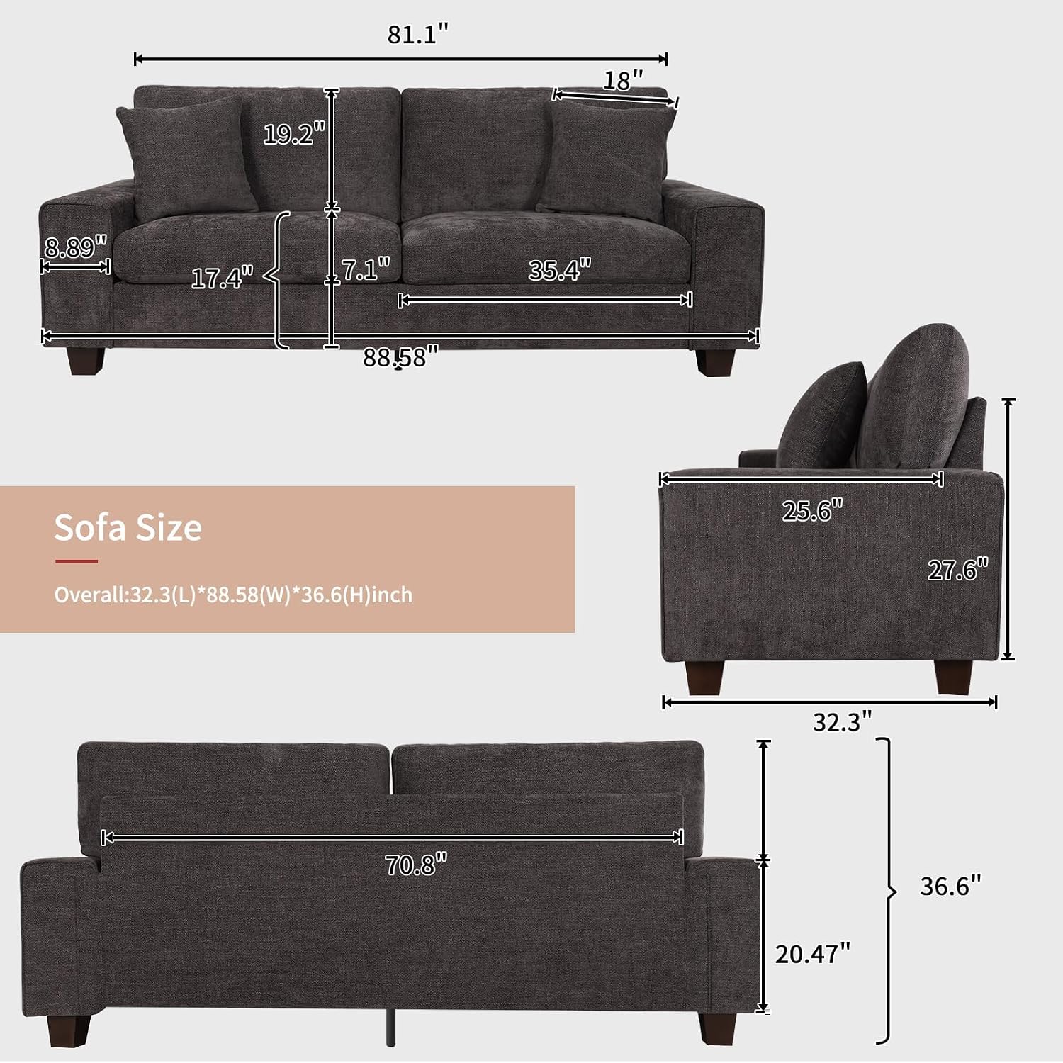Modern Loveseat Sofa for Living Room,Chenille Recliner, Removable Cover, Spring Cushions, Solid Wood Frame, Easy Assembly for Small Spaces (88.58inch，Dark Grey)
