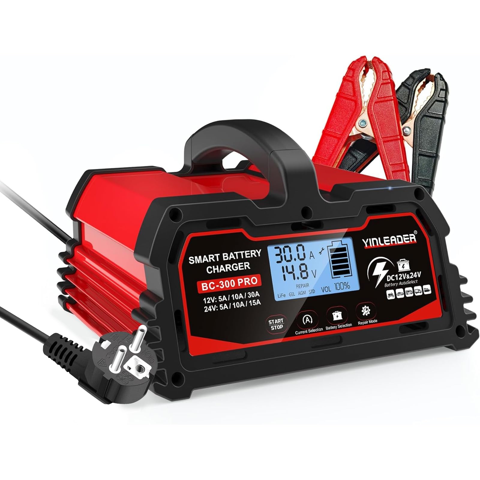 Yinleader Chargeur de Batterie Intelligent 30A 12V /24V 15A, Chargeur de Voiture LCD, mainteneur de Batterie pour AGM, Moto, 12V LiFePO4