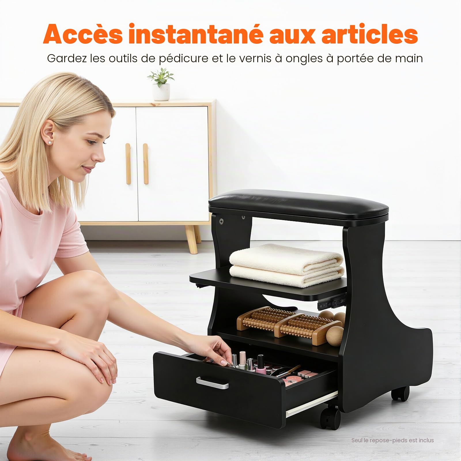 Tabouret de pédicure, repose-pied avec roues, repose-jambes pour soin des ongles, repose-pieds idéal pour salon de beauté des ongles (noir)