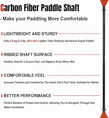 Miniatura 3 de Remo de fibra de carbono premium con polipropileno reforzado + hoja de fibra de vidrio, remos flotantes ajustables para kayak, 3 piezas, 86.6-94.5