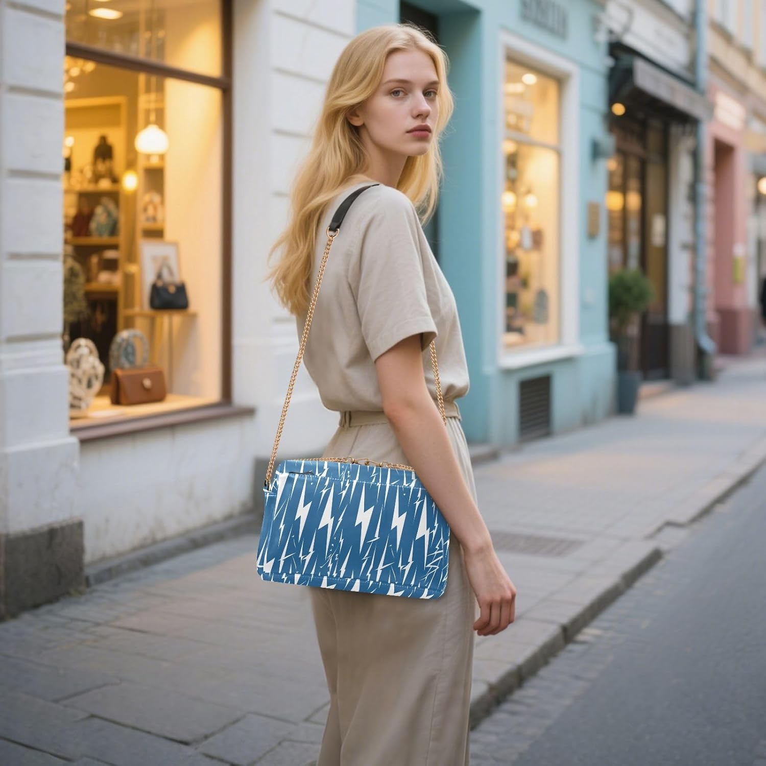 KLL Lightning Bolts Blue White Fashion Crossbody Bags For Women Vegan Leather Womens Cross Body Purse Waterproof Woman Handbag Shoulder Strap
