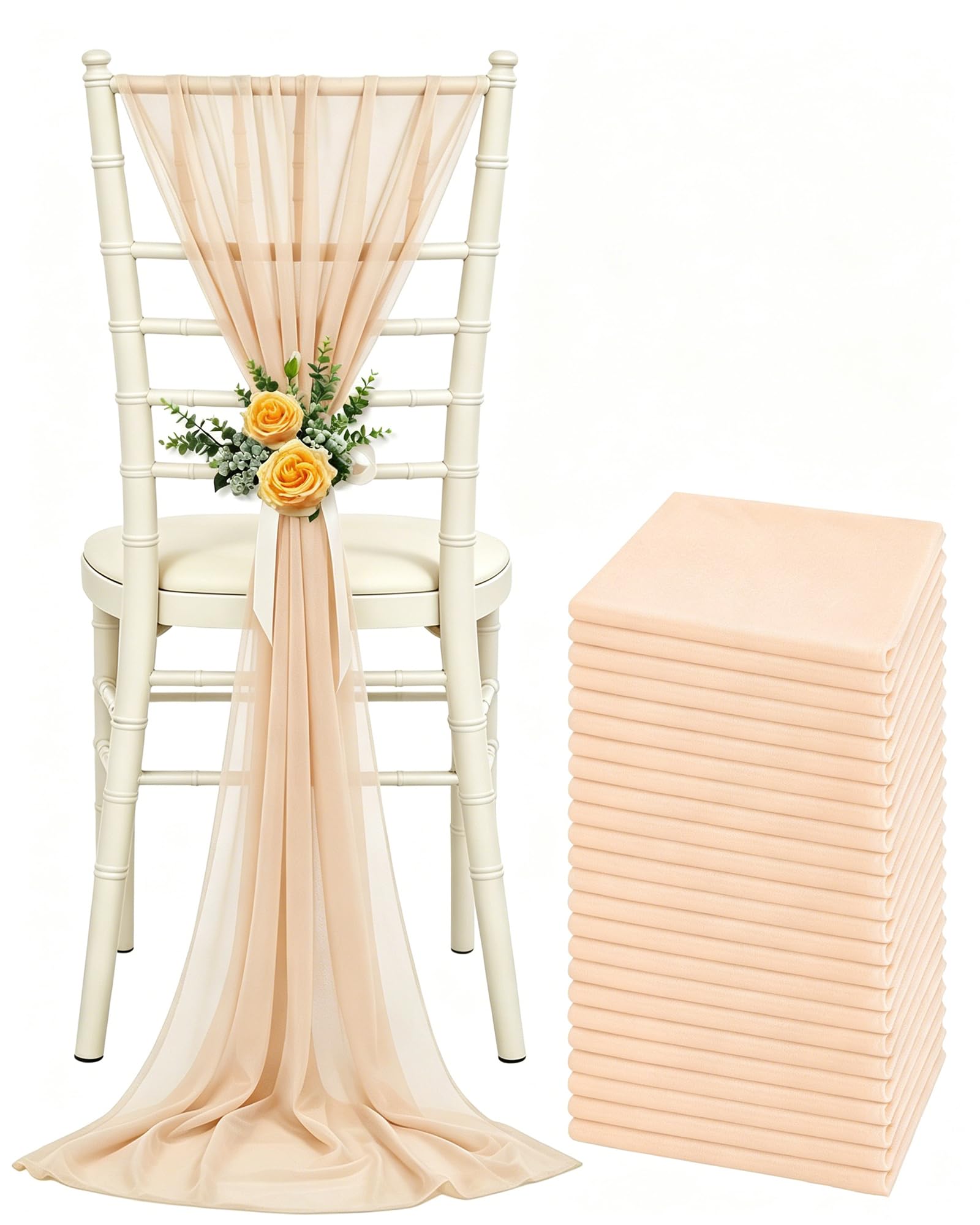 24 Pack Chair Sashes Sheer Chiffon Chair Bows Chair Cover Back Tie Drapes Decor for Bridal Wedding Aisle Ceremony Church Banquet (20*275cm, Champagne)
