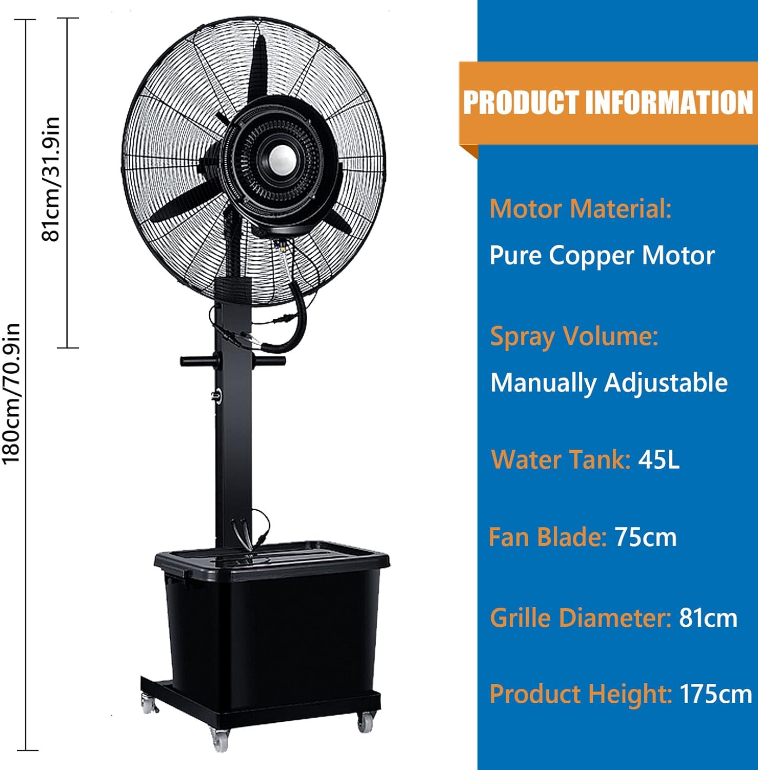 Oscillating Misting Fan Outdoor Mist 3 Speeds Pedestal Fan, 12 Gallon Tank, 90° Oscillation, Cool Your Shop, Garage, Barn or Workspace
