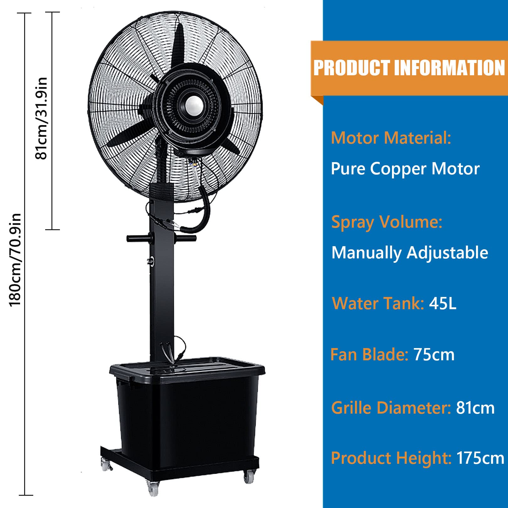 Oscylacyjny wentylator kolumnowy ze zbiornikiem na wodę 42 l, 3 prędkości, do warsztatu na świeżym powietrzu lub na patio, Fan blade750mm