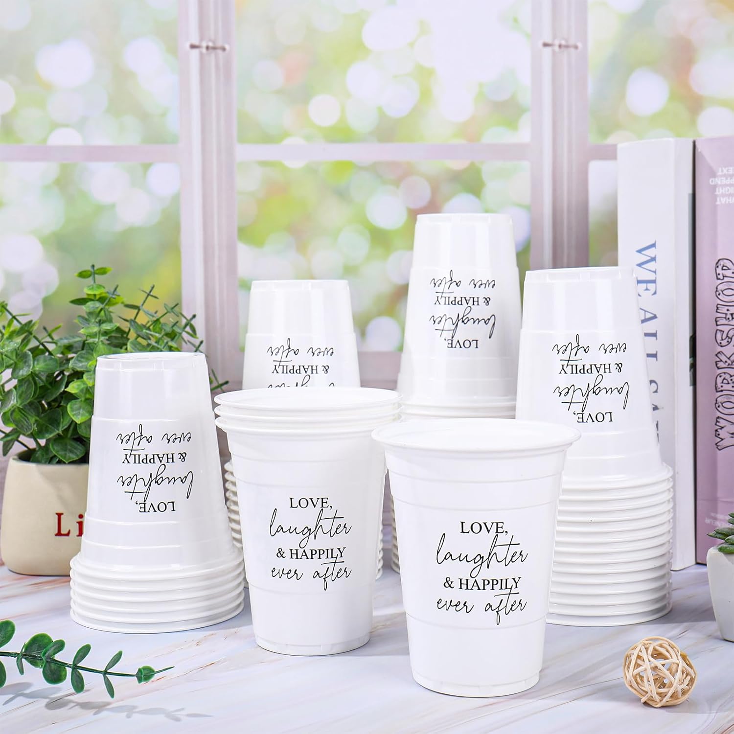 60Pcs Wedding Plastic Cups Disposable Cup Black White Love Laughter & Happily Ever After Drinking Cups for Bride Shower Wedding Party Supplies, 16oz - Image 3
