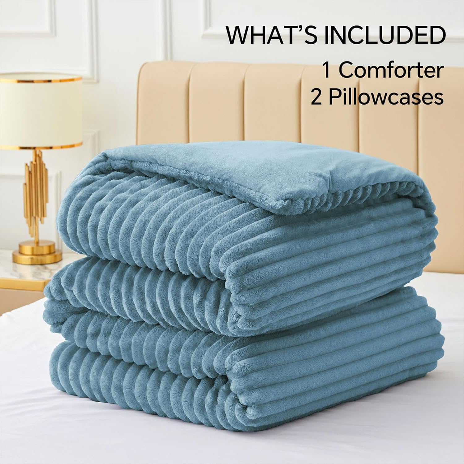 BEDELITE Fleece Full Comforter Set -Super Soft & Warm Fluffy Blue Fog Bedding, Luxury Fuzzy Heavy Bed Set for Winter with 2 Pillow Cases - Image 6