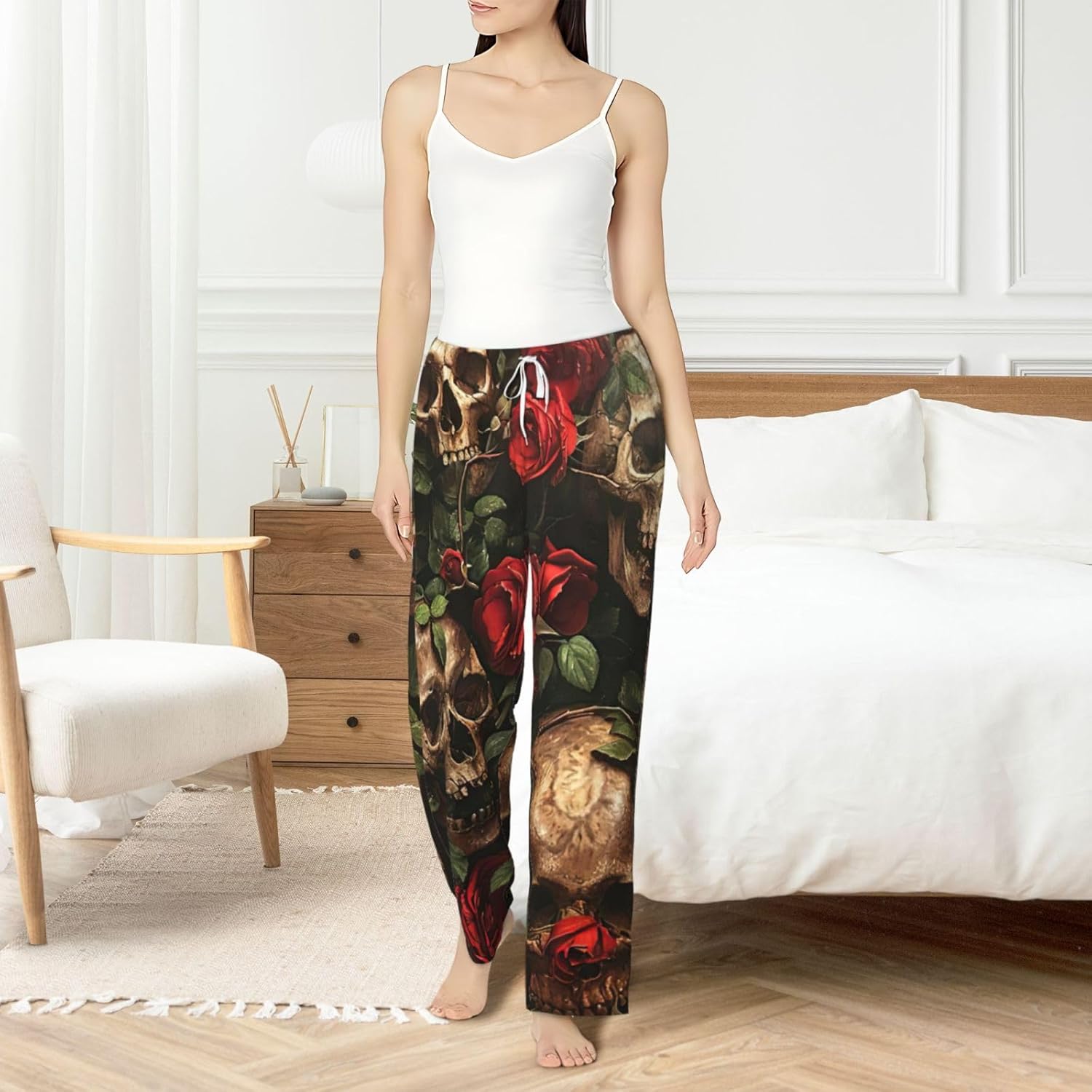 Skull And Red Rose Print Fashion Cozy Womens Flannel Pajama Pants,Perfect For Christmas And Everyday Wear