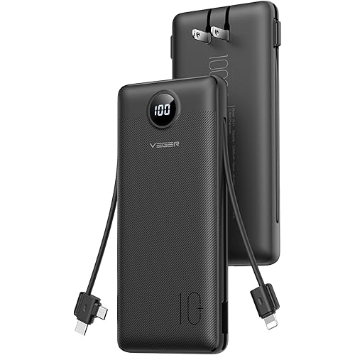 VEGER All in One Travel Portable Charger with Built-in AC Plug & Cables, 10000mAh Slim Power Bank Battery Pack, 15W Fast Charging Compatible with iPhone, Samsung, Android-Black