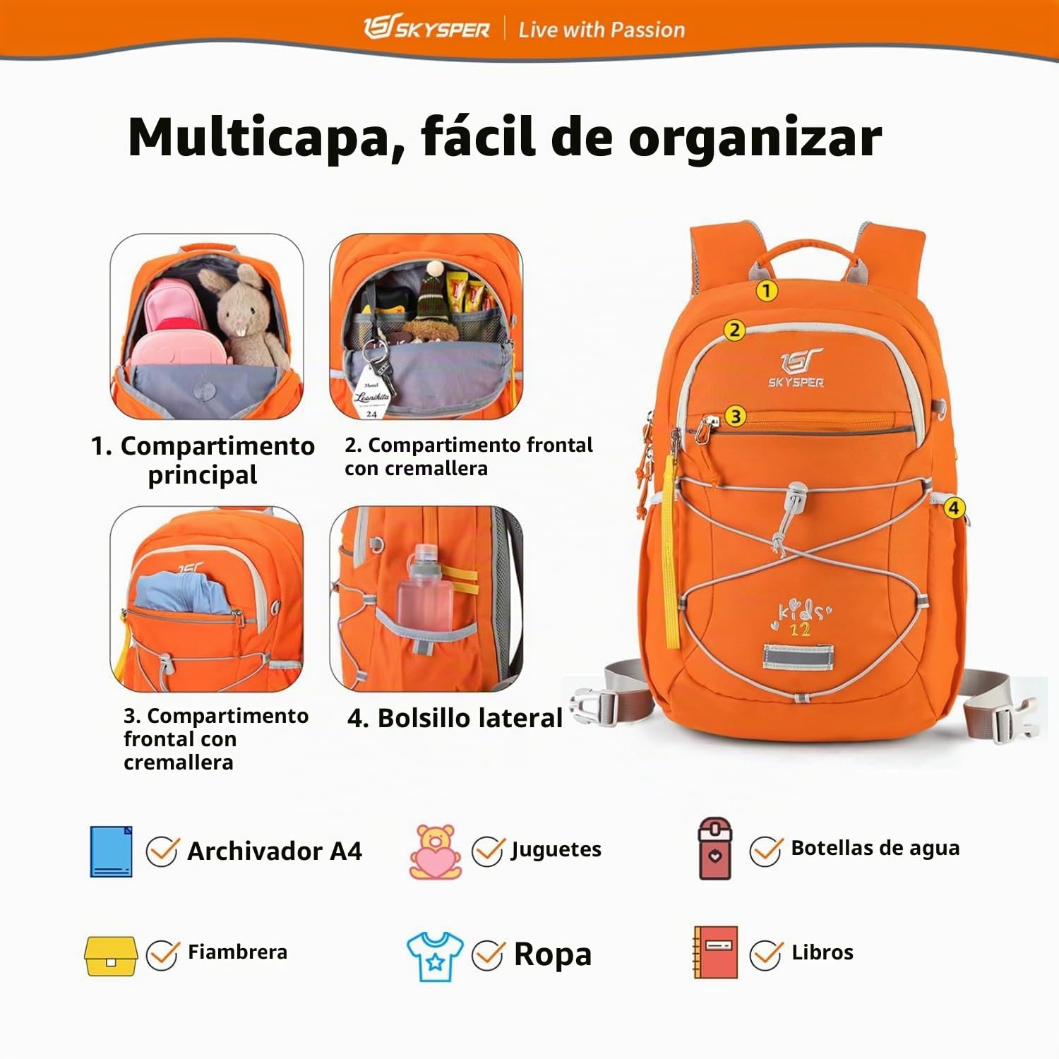 SKYSPER Mochila Infantil 12L, Mochila de Jardín de Infantes | para Niños y Niñas de 3 a 8 Años Mochilas Escolares Primaria