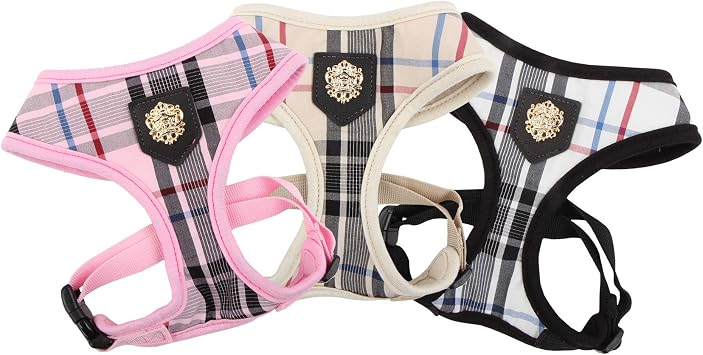 Puppia Junior Over-The-Head Dog Harness Checkered Pattern No Choke No Pull Adjustable Chest Belt Walking Training for Small and Medium Dog, X-Small, Beige